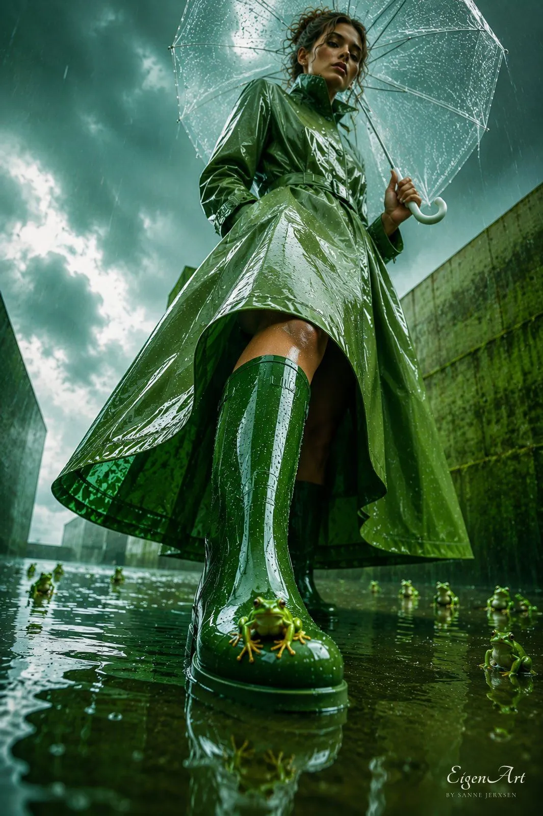 After the Rain — Frau im grünen Regenmantel mit Schirm, Frösche auf den Stiefeln und im Wasser