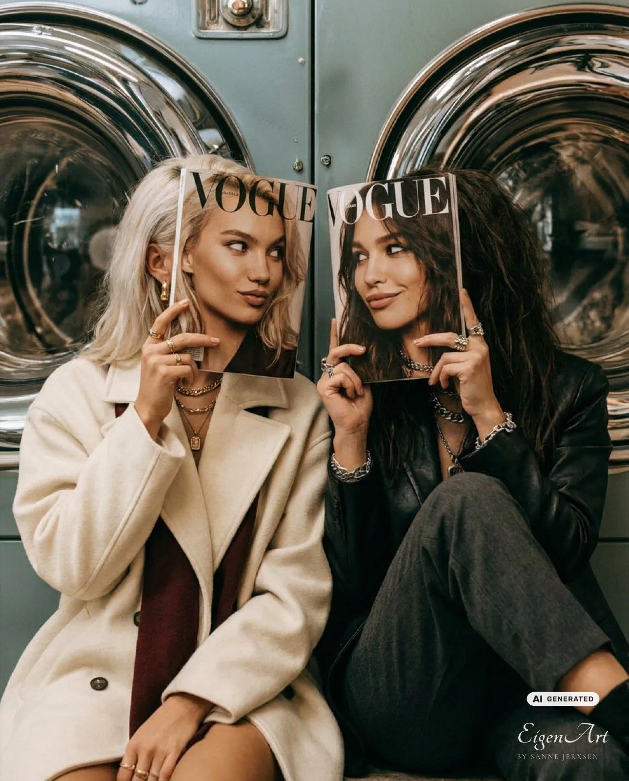 AI made me famous — zwei Frauen sitzen in einem Waschsalon vor Trommelwaschmaschinen und halten sich je ein Magazin-Cover vor das Gesicht, auf dem ihr eigenes Porträt zu sehen ist; Cover und Körper gehen ineinander über