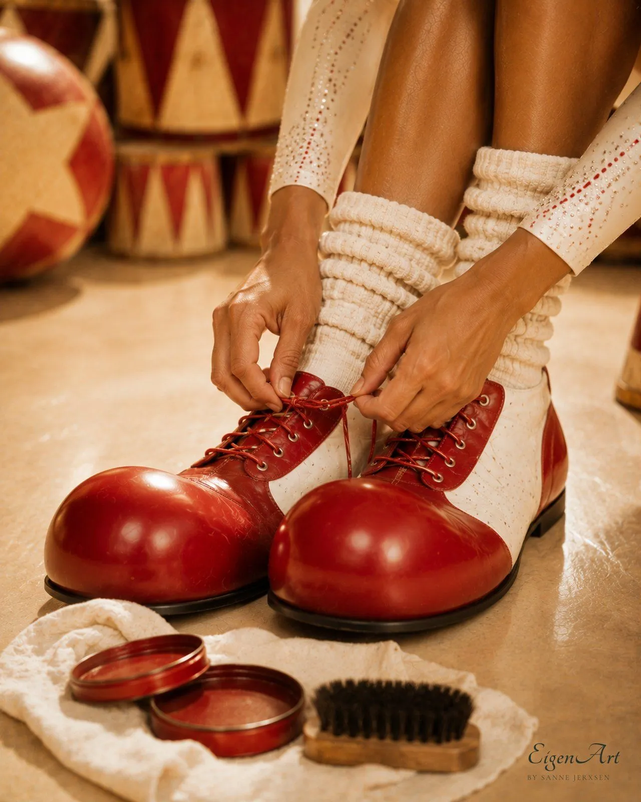 Nahaufnahme von Händen, die rote Clownschuhe schnüren