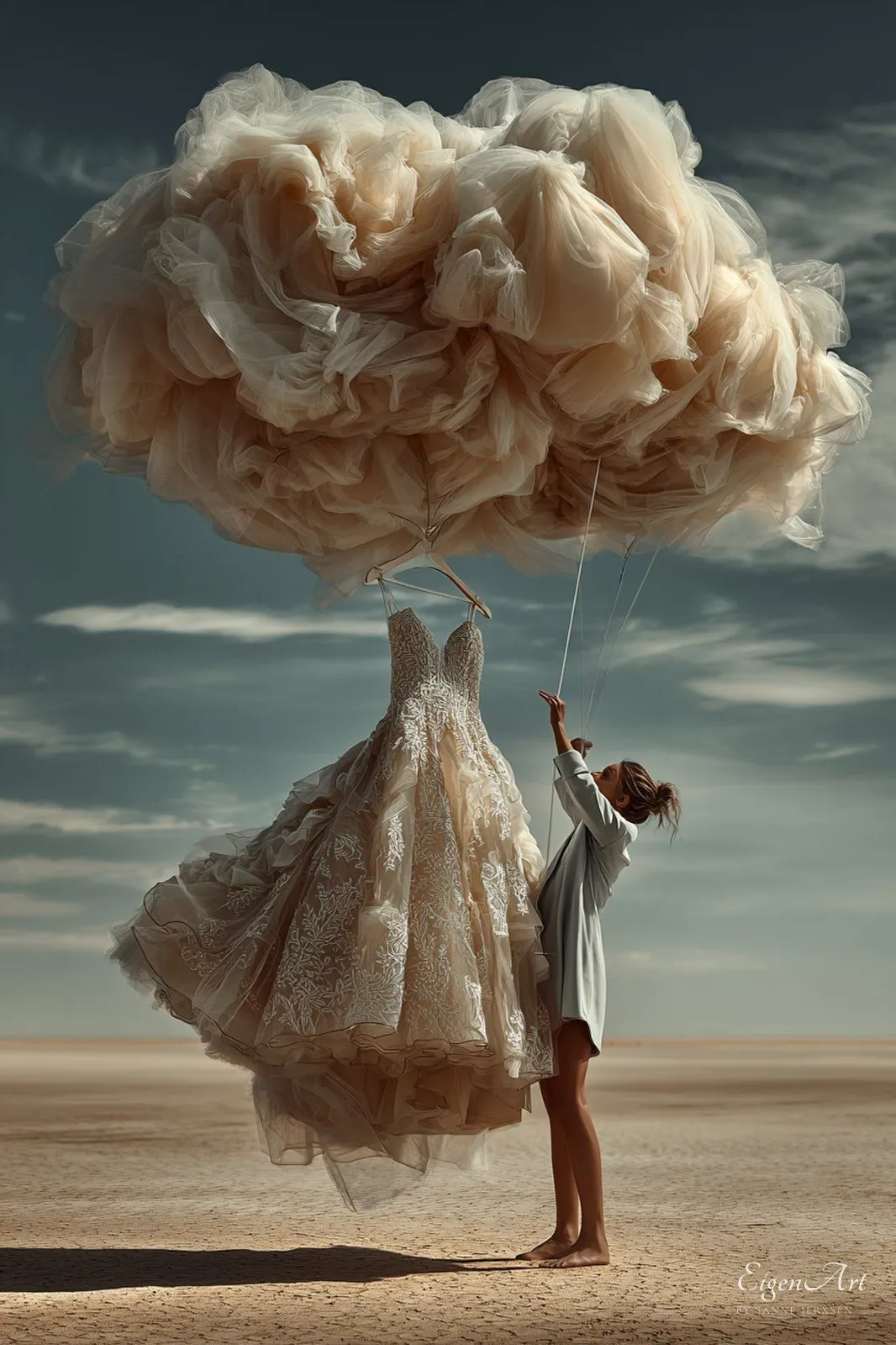 Cloud Tailor — aus einer riesigen Tüll-Wolke entsteht an einem Kleiderbügel ein Brautkleid, eine Frau greift nach den Fäden, Signature-Motiv der Serie