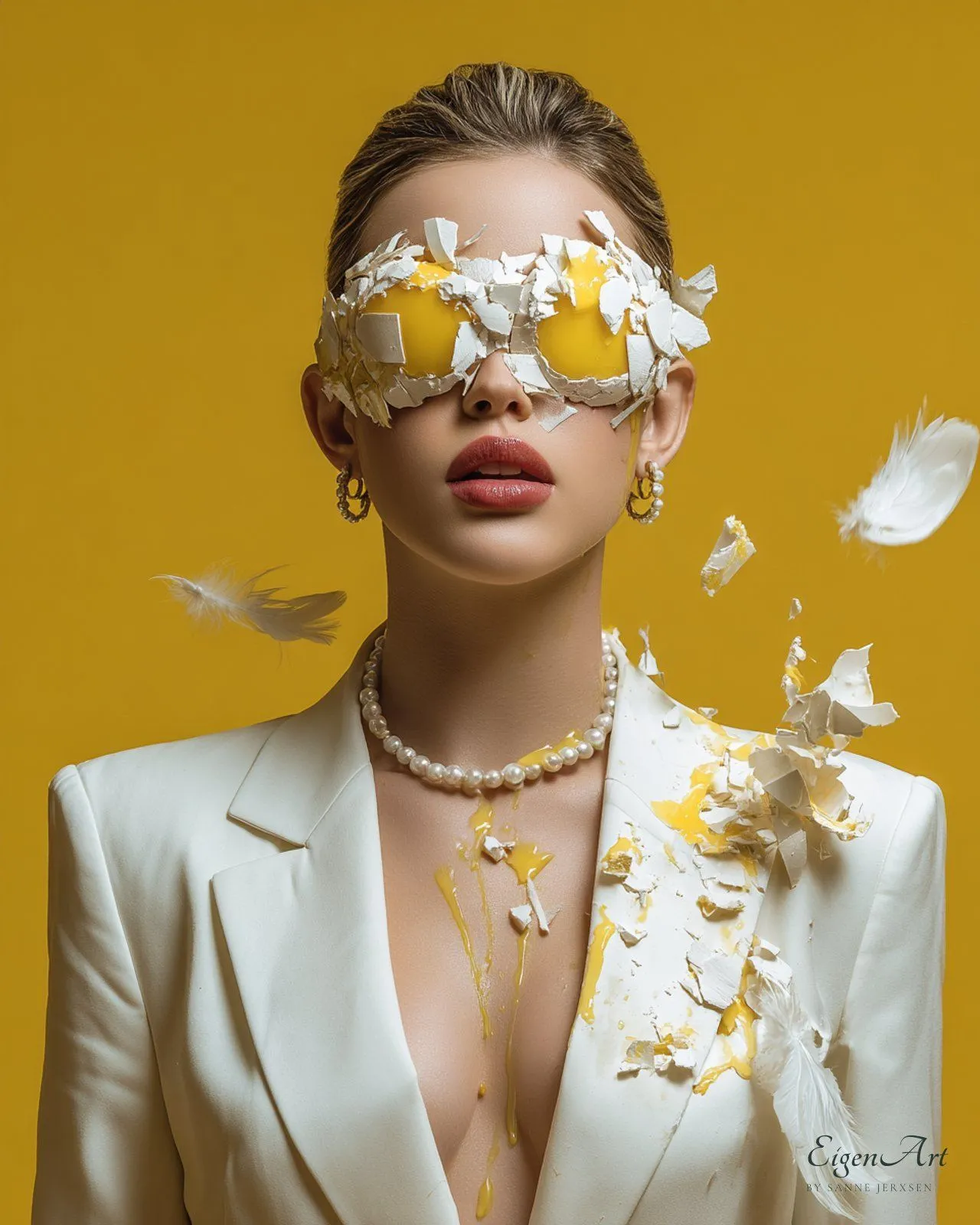 Egg on Her Face — aufgeschlagene Eier statt Brillengläser, ganz in Gelb