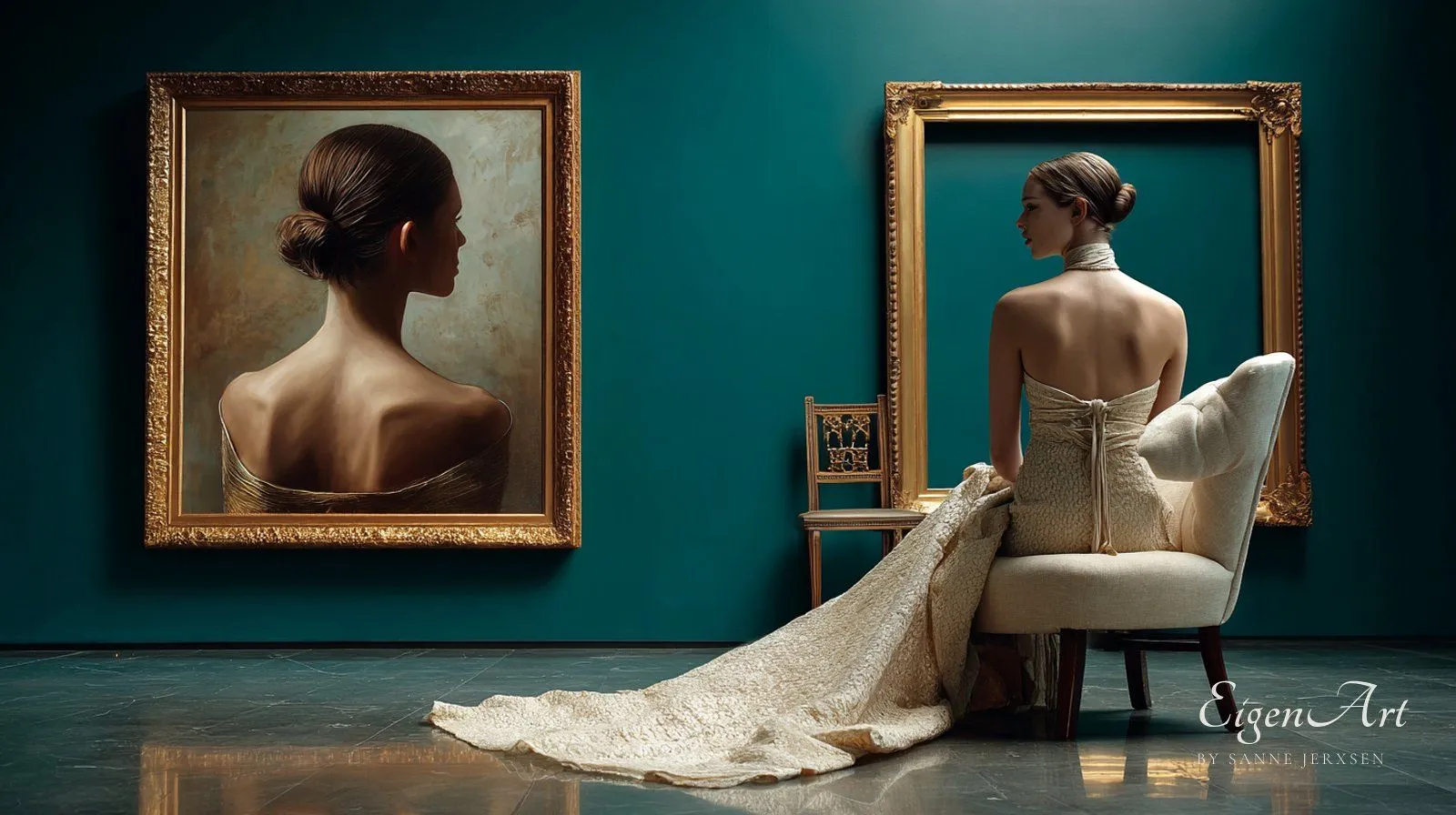 Beyond the Frame — Frau mit Rücken zur Kamera vor einem leeren Goldrahmen neben einem Gemälde, das exakt ihre Pose zeigt, Signature-Motiv der Serie