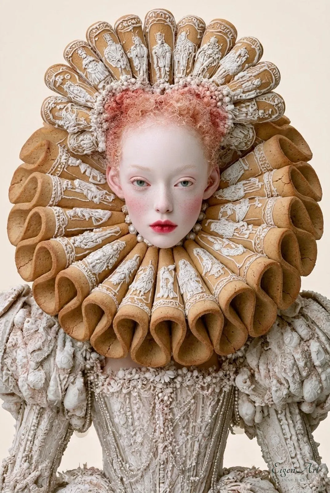 Gingerbread – The Edible Court — Frau mit rotblondem Haar und weißem Teint in einem elfenbeinfarbenen, reich verzierten Kleid, um ihren Kopf ein riesiger Mühlsteinkragen aus Lebkuchenrollen mit Figuren in weißem Zuckerguss