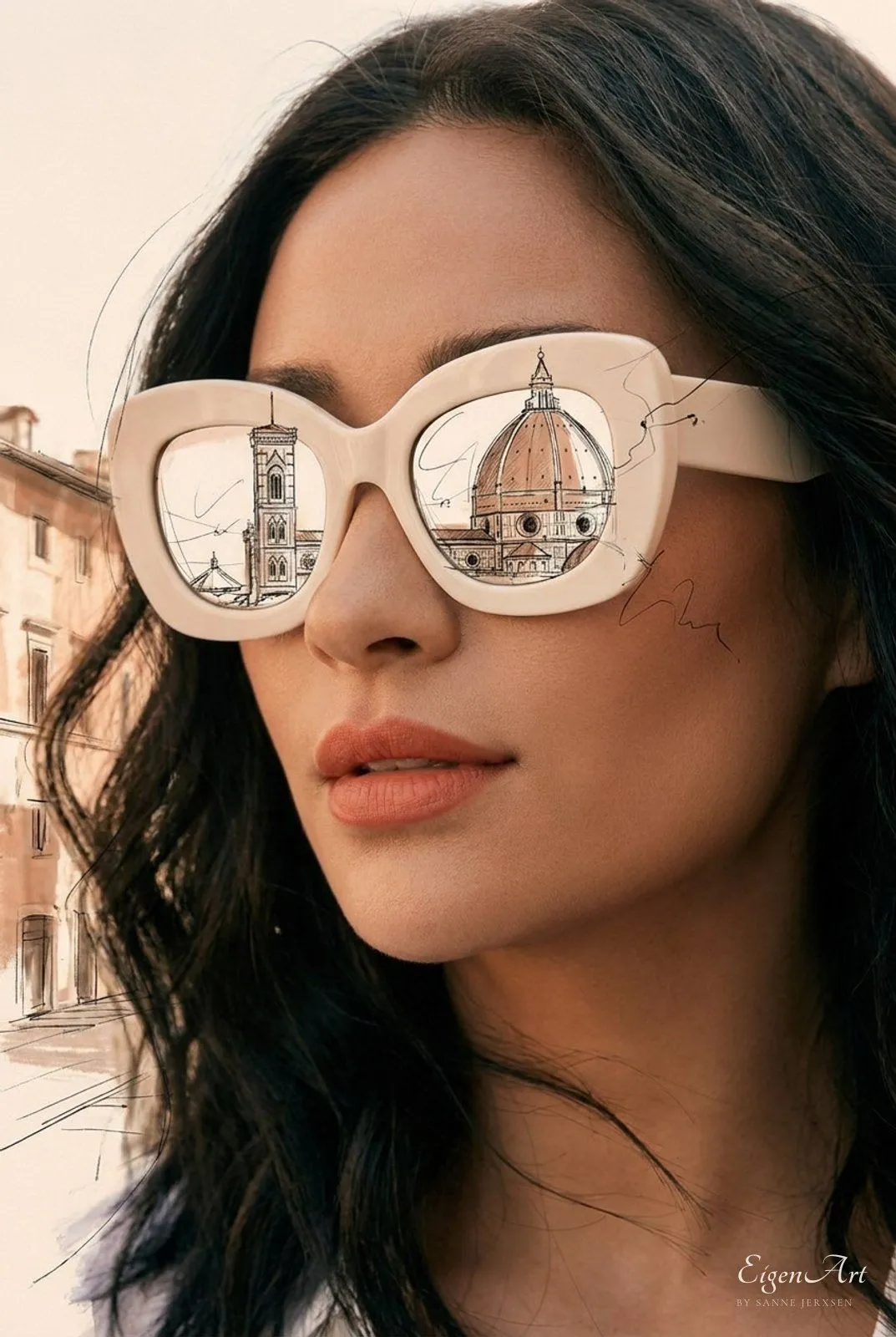 Nahaufnahme einer Frau mit dunklem Haar und großer cremefarbener Sonnenbrille, in deren Gläsern der Dom und der Campanile von Florenz als Zeichnung erscheinen