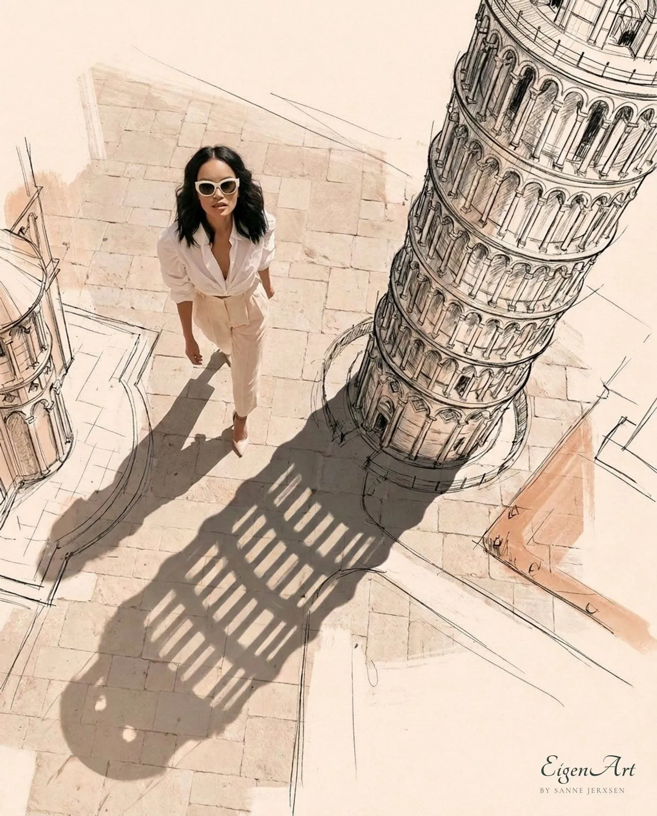 Drawn to Italy — Blick von oben auf eine Frau mit weißer Sonnenbrille, weißer Bluse und cremefarbener Hose neben dem gezeichneten Schiefen Turm von Pisa, dessen Schatten wie echt über die Steinplatten fällt