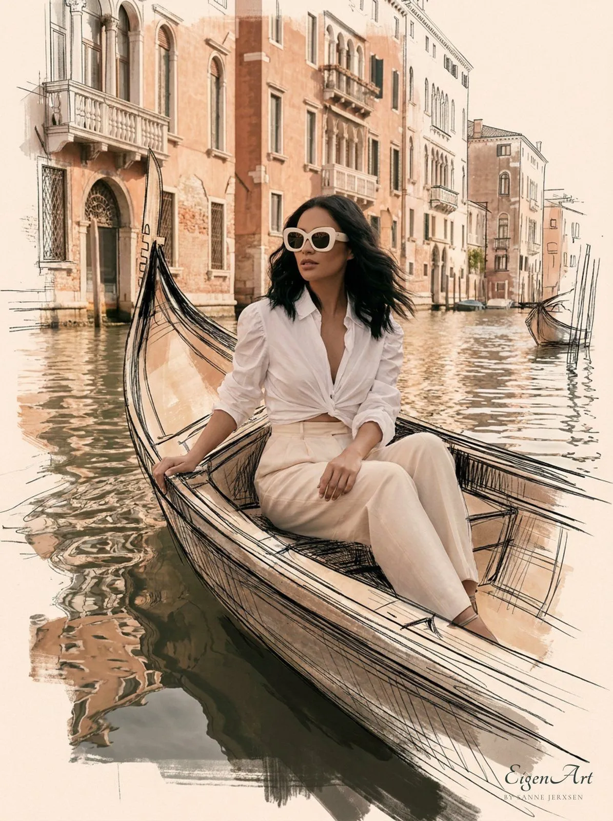 Eine Frau mit weißer Sonnenbrille, weißer Bluse und cremefarbener Hose sitzt in einer skizzierten Gondel auf einem Kanal zwischen venezianischen Palazzi