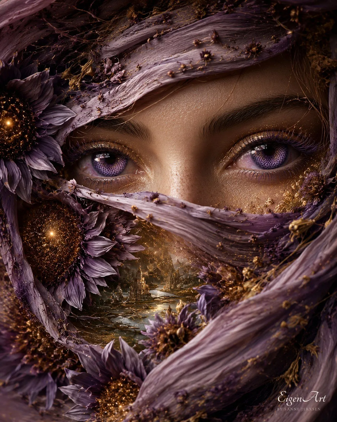 Verschleierte Frau mit Lavendel-Sonnenblumen als Augen