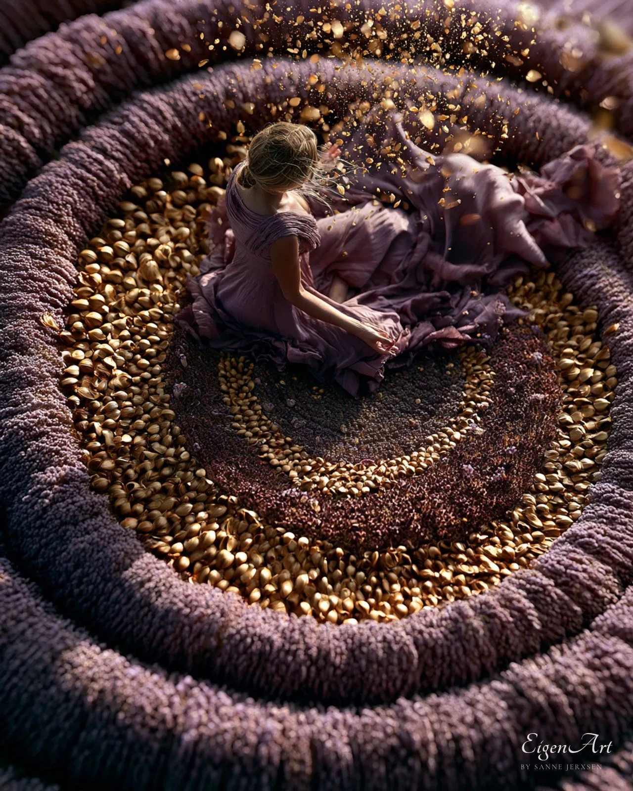 Frau in gewebtem Nest aus Lavendel und Gold von oben