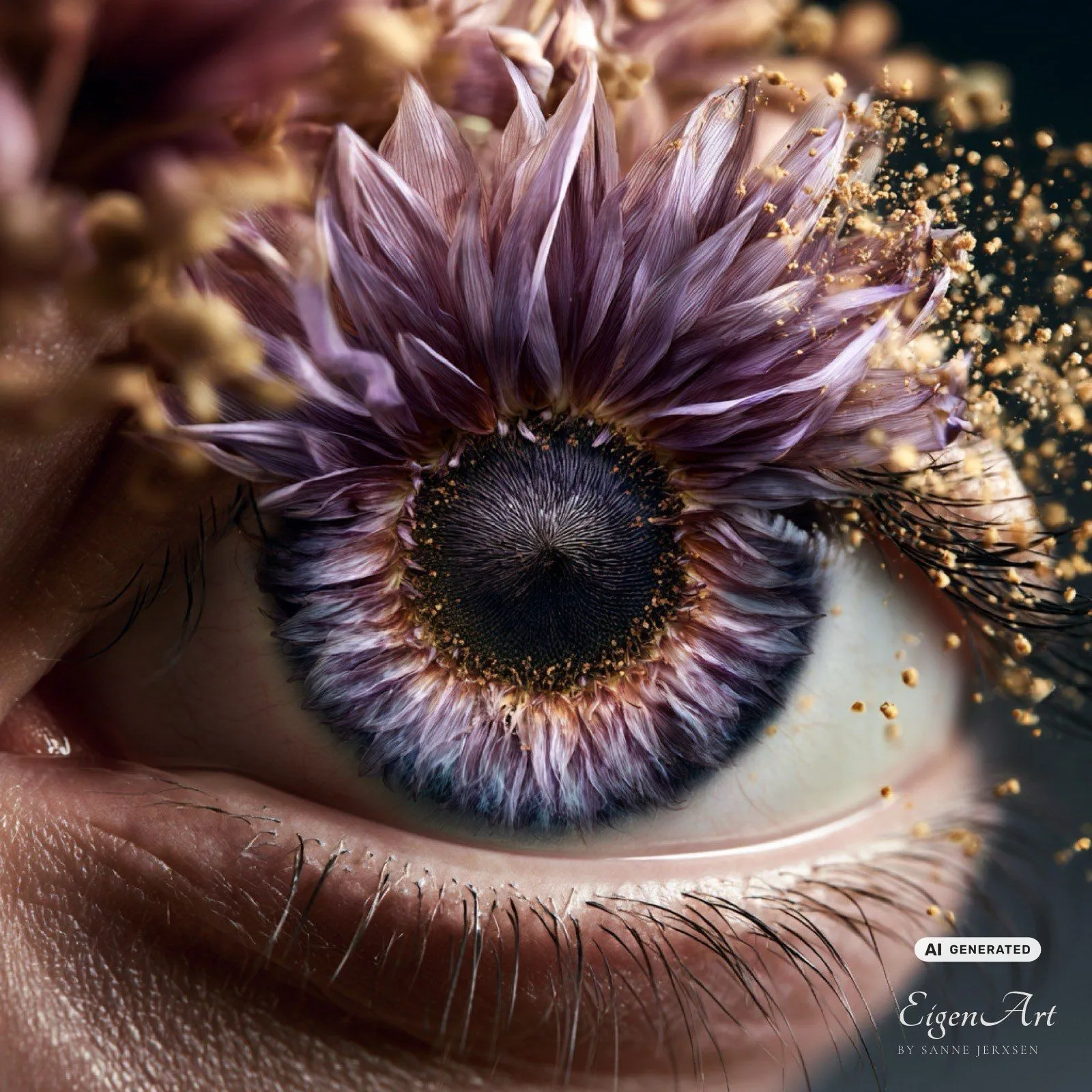 Auge mit Lavendel-Sonnenblume als Iris
