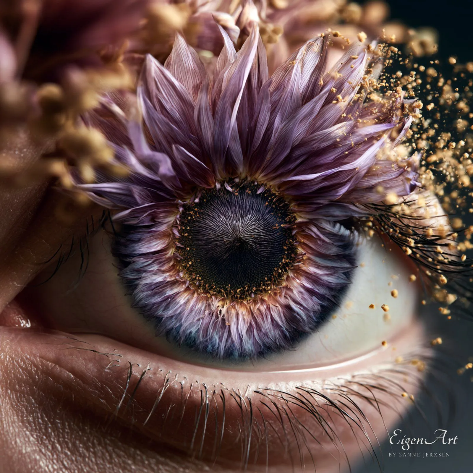 Auge mit Lavendel-Sonnenblume als Iris