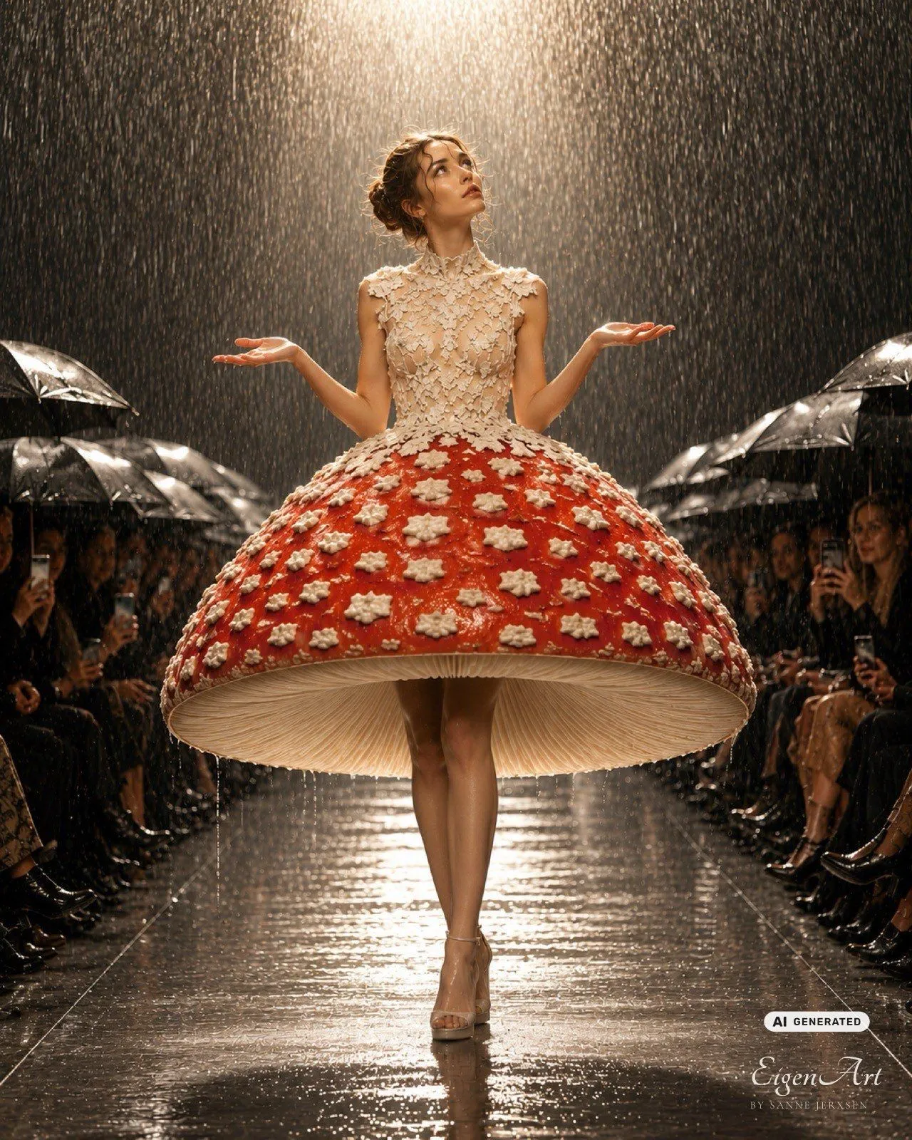 Mushroom Umbrella — Fliegenpilz-Rock auf einem Laufsteg im Regen