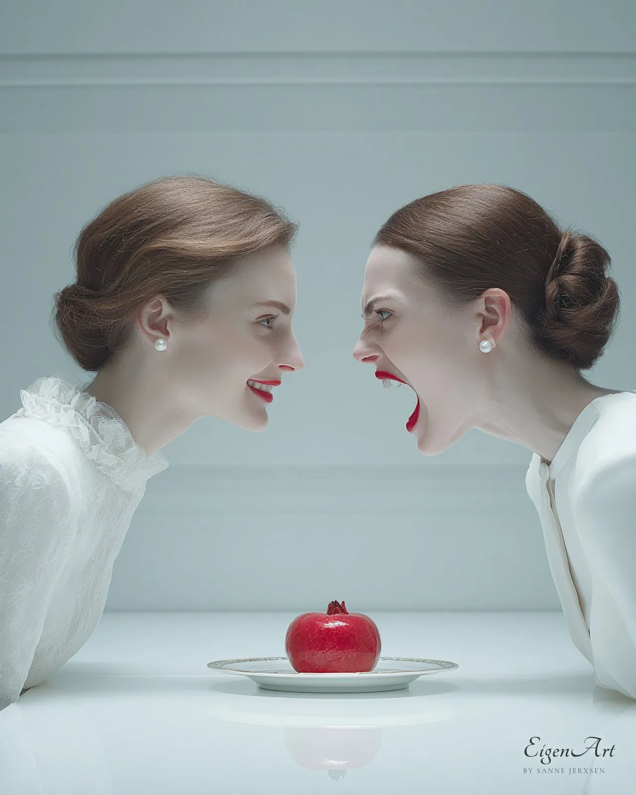 One Man's Meat Is Another Man's Poison — zwei Frauen und ein Granatapfel, Rot nur auf Lippen und Frucht