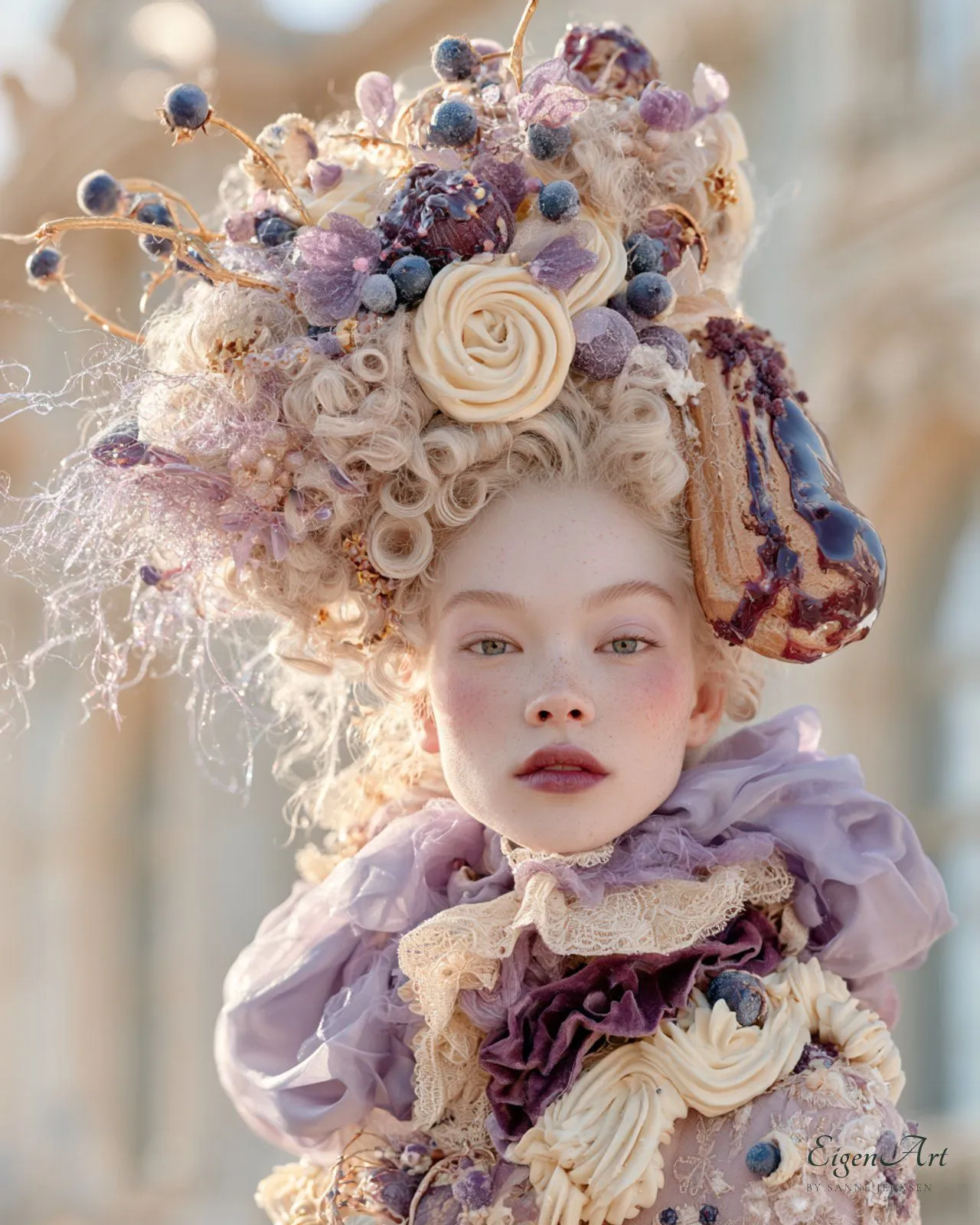 Patisserie Couture — Porträt einer Frau mit heller Lockenperücke, Heidelbeeren, Sahnerosen und einem glasierten Éclair im Haar, in lavendelfarbener Rüschenrobe