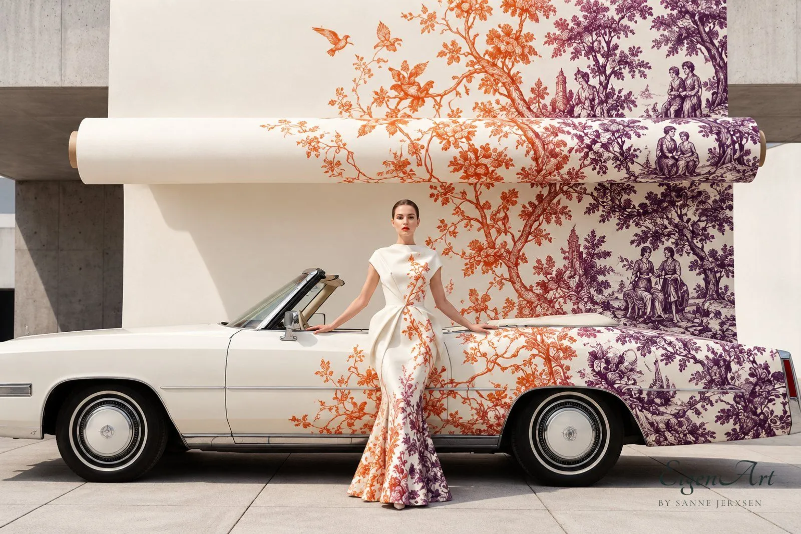 Pattern — Frau in langem cremeweißem Kleid lehnt an einem weißen Cabrio vor einer Betonwand; ein Toile-de-Jouy-Muster in Orange und Violett läuft von einer übergroßen Tapetenrolle über Wand, Kleid und Wagen