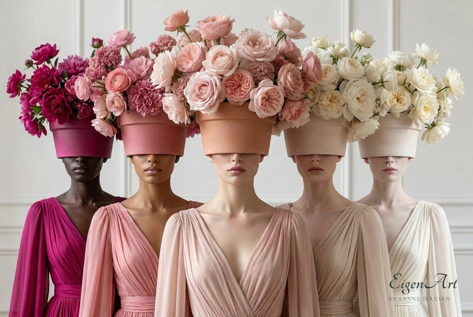 Gruppe von Modellen in Rosé bis Fuchsia mit Blumentopf-Kopfbedeckungen