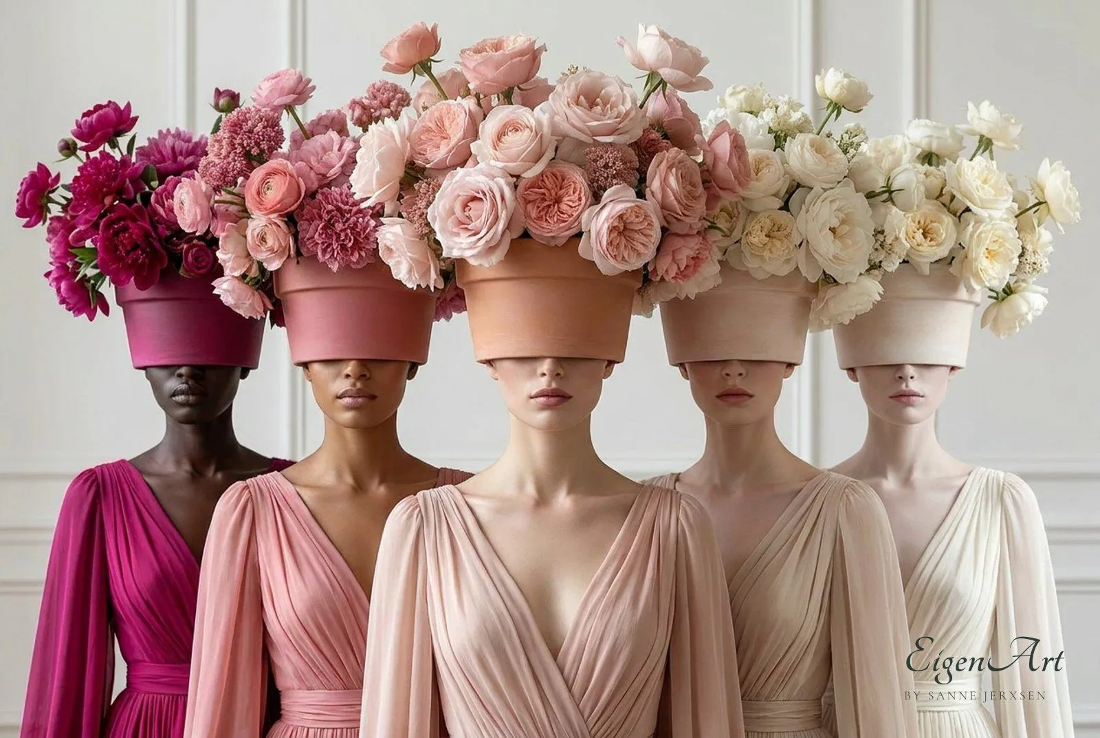 Gruppe von Modellen in Rosé bis Fuchsia mit Blumentopf-Kopfbedeckungen