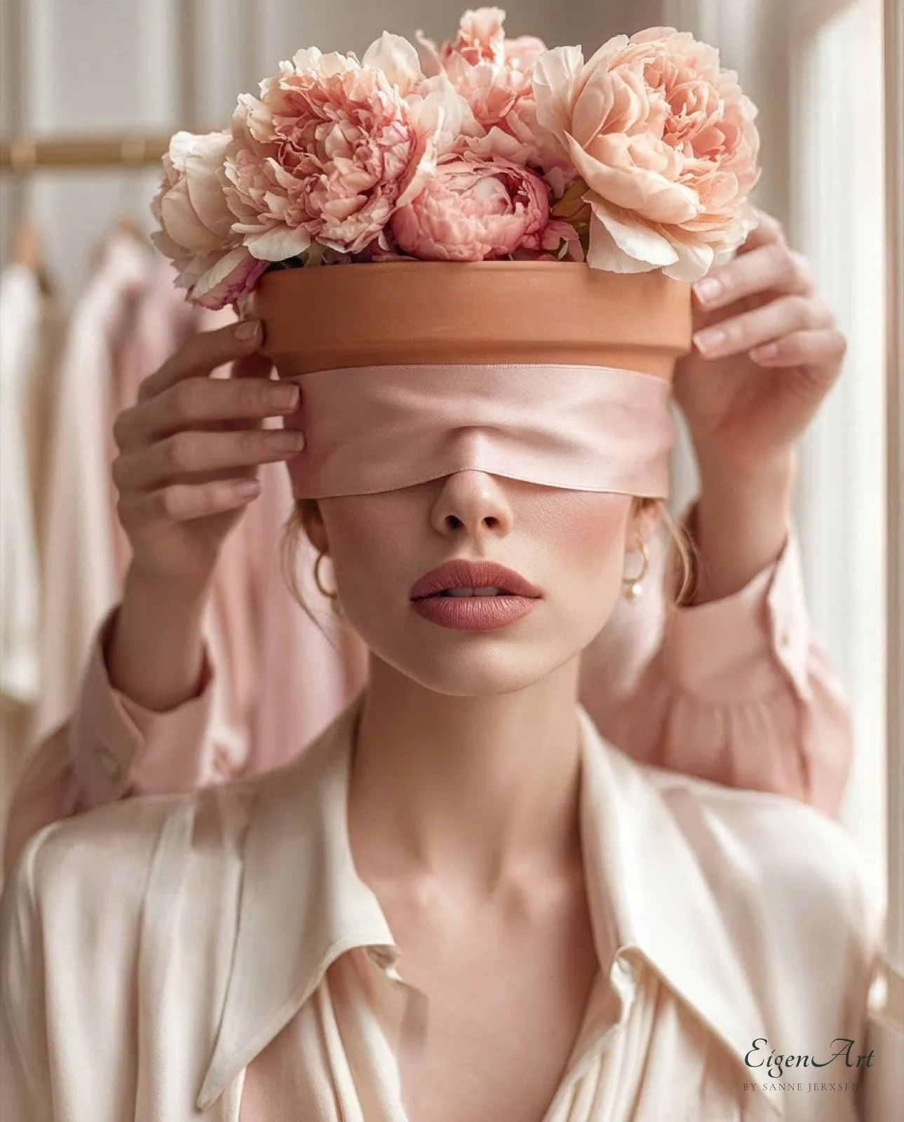 The Potted Plants — Frau mit Blumentopf-Kopfbedeckung aus Pfingstrosen und rosa Augenband, Signature-Motiv der Serie