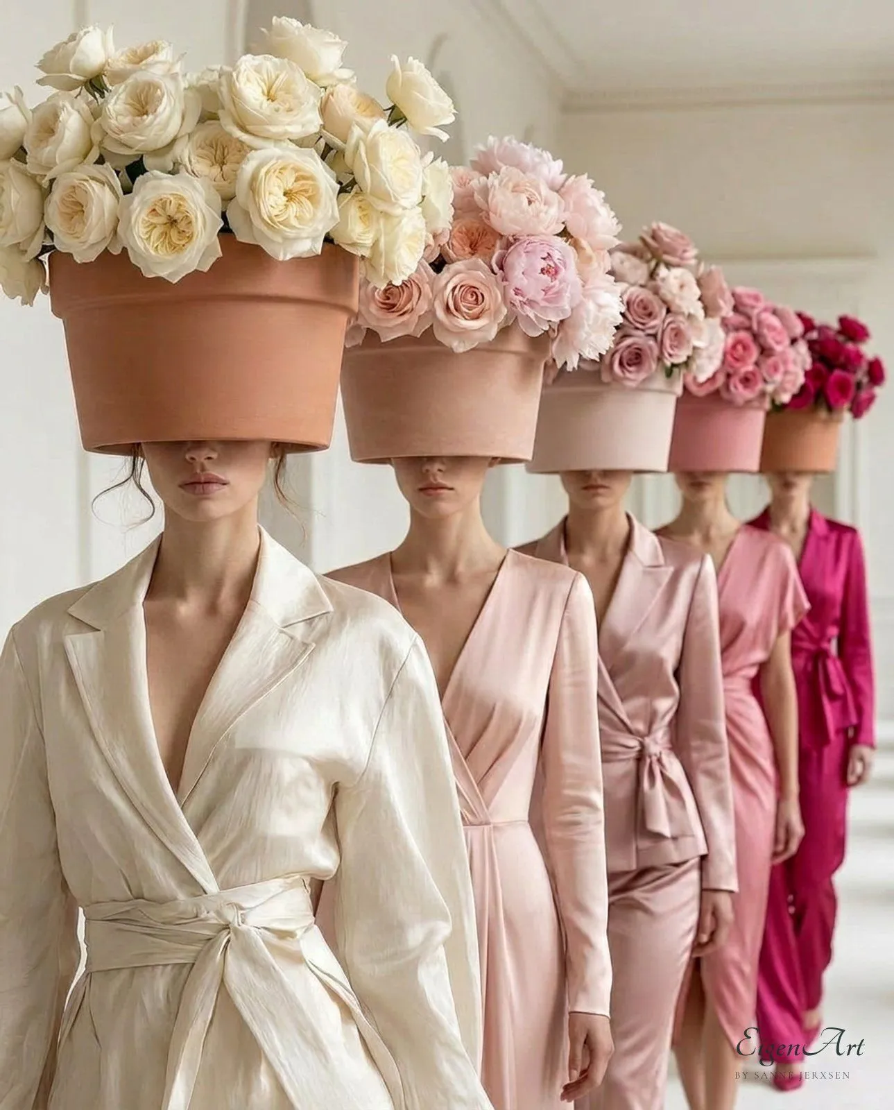 Reihe von Modellen mit Blumentopf-Kopfbedeckungen in Rosé- und Cremetönen auf einem Laufsteg