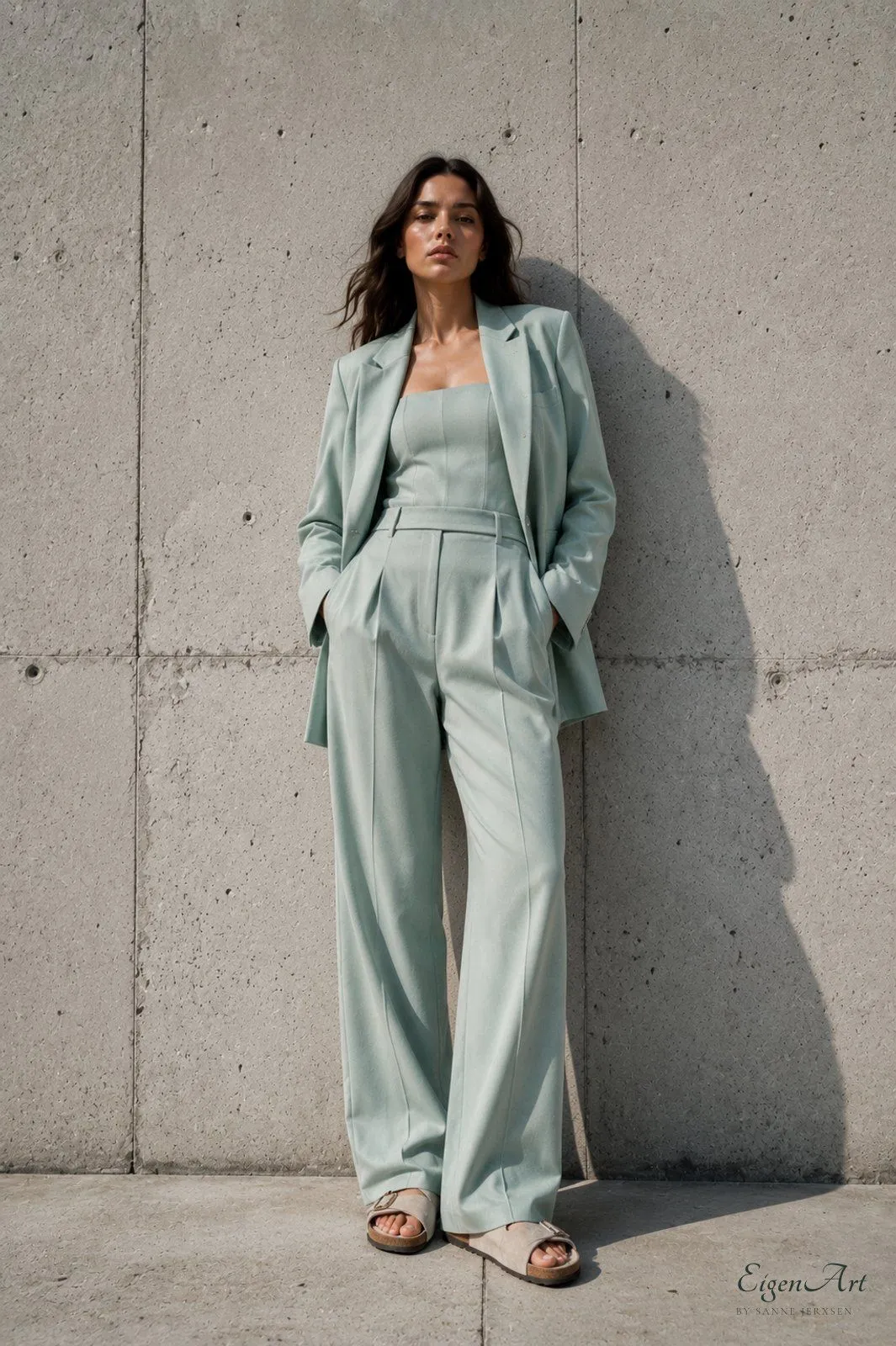 The Sage Edit — Model im salbeigrünen Anzug vor Betonarchitektur, Hero-Shot des Editorials