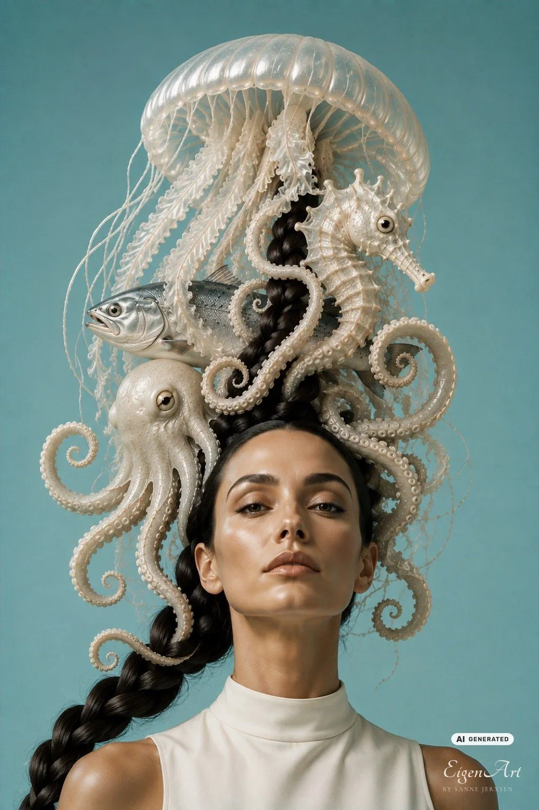 The Inner Sea — frontales Porträt einer Frau mit dunklem Zopf, auf ihrem Kopf ein hoher Kopfschmuck aus perlmuttweißer Qualle, Seepferdchen, Fisch und Oktopus vor türkisem Grund