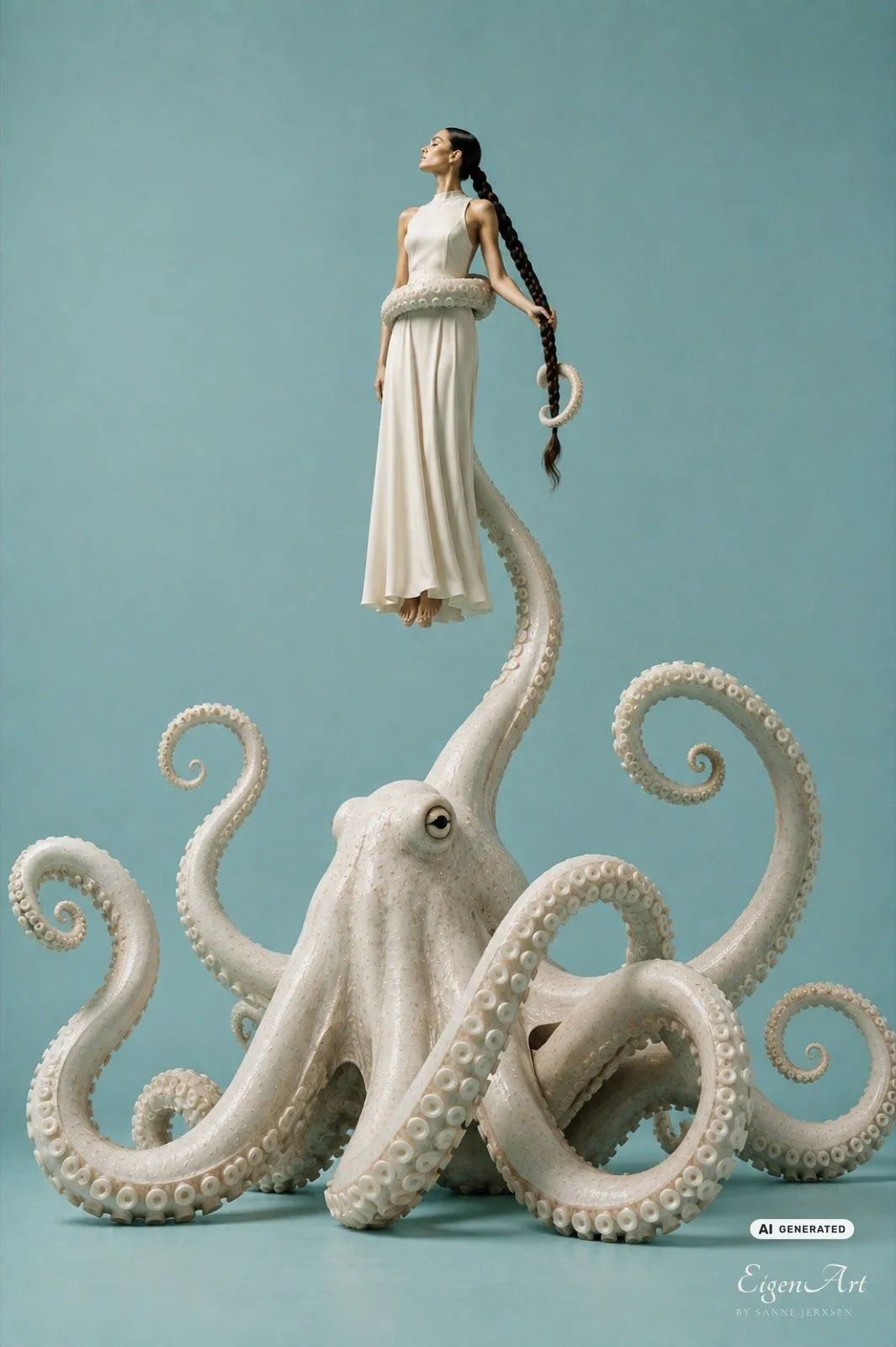 Frau in cremefarbener Robe schwebt über einem großen perlmuttweißen Oktopus, dessen Arm sie in die Höhe hebt