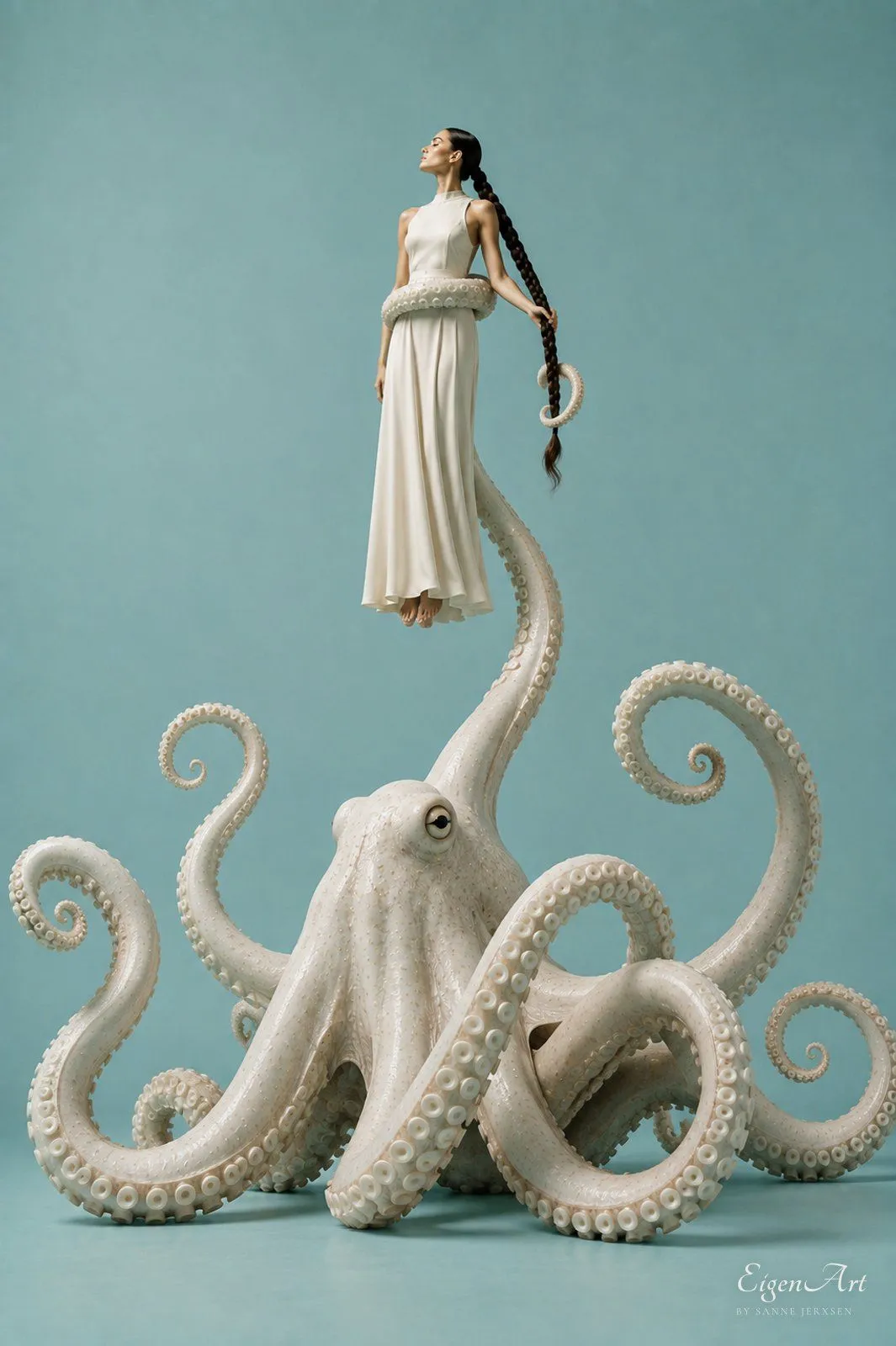 Frau in cremefarbener Robe schwebt über einem großen perlmuttweißen Oktopus, dessen Arm sie in die Höhe hebt