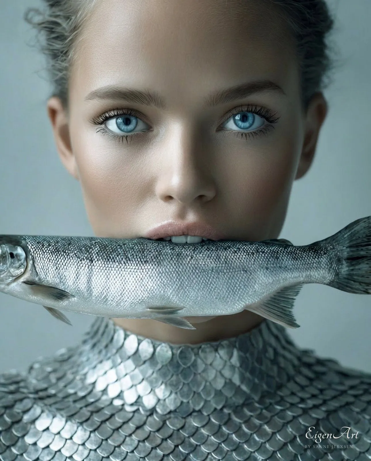 The Silence of the Sea — Nahaufnahme mit einem Fisch quer im Mund, eisblaue Augen, Schuppen-Couture, Signature-Motiv der Serie