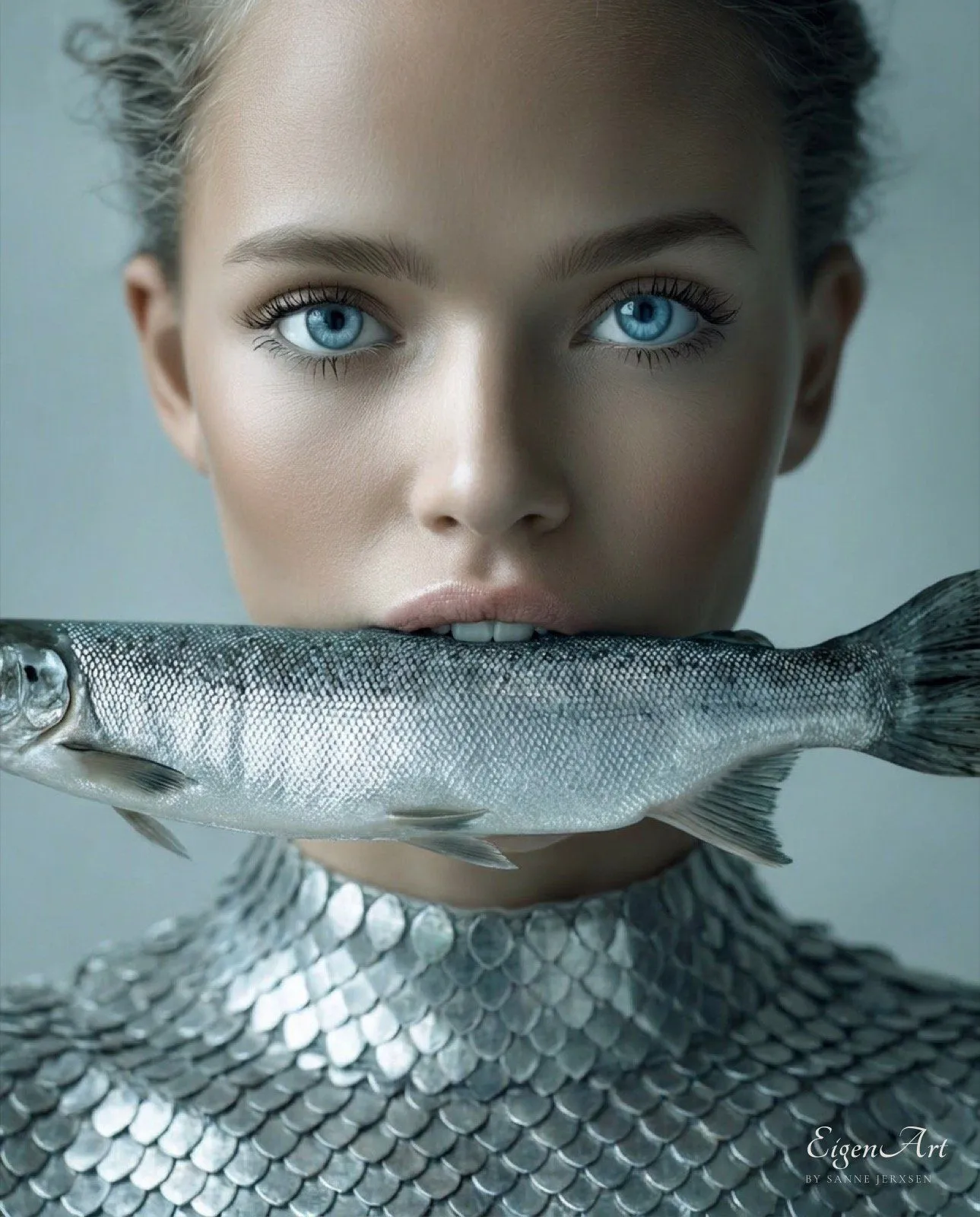 The Silence of the Sea — Nahaufnahme mit einem Fisch quer im Mund, eisblaue Augen, Schuppen-Couture, Signature-Motiv der Serie