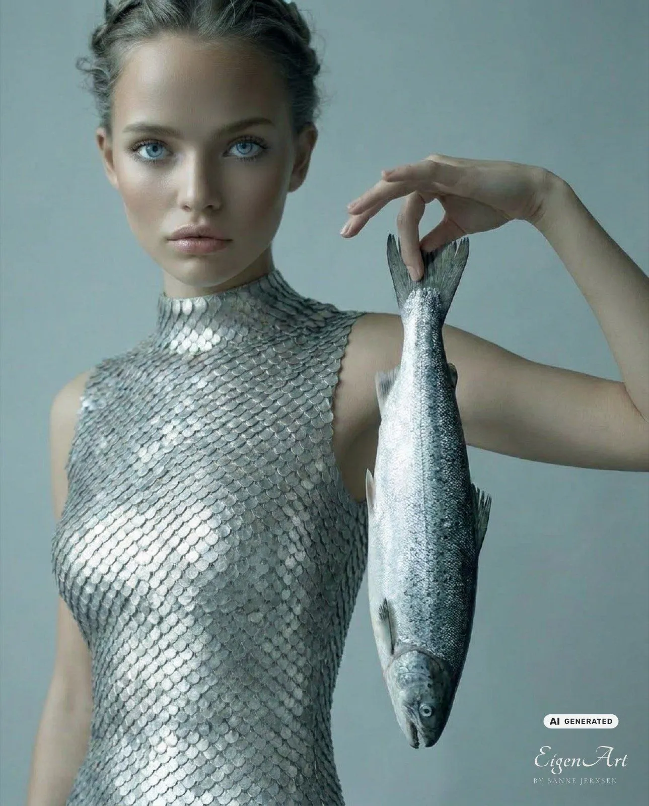 Model hält einen Fisch auf Schulterhöhe, direkter Blick in die Kamera