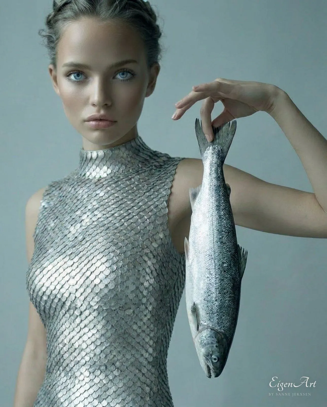Model hält einen Fisch auf Schulterhöhe, direkter Blick in die Kamera