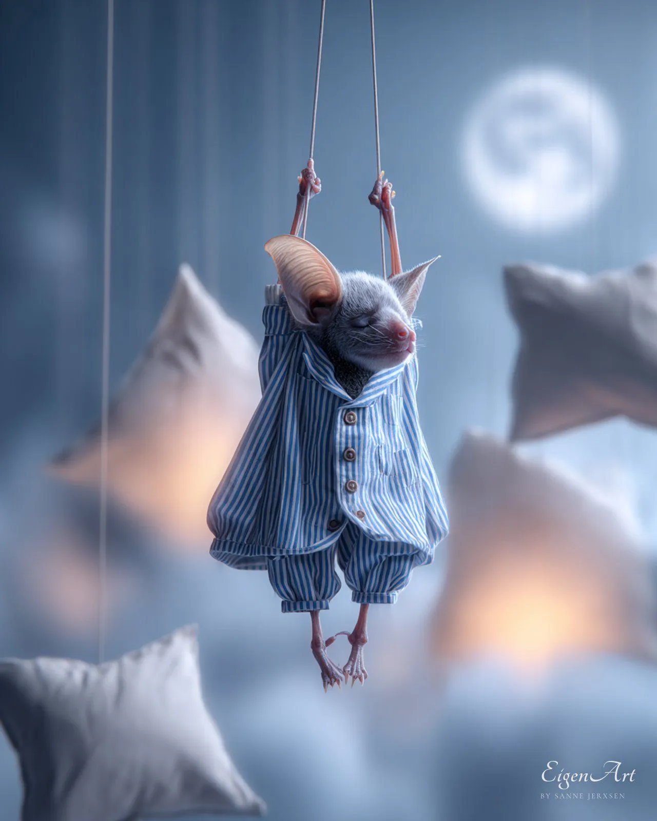 Sleep Tight — Fledermaus im gestreiften Pyjama zwischen Mond und Kissen
