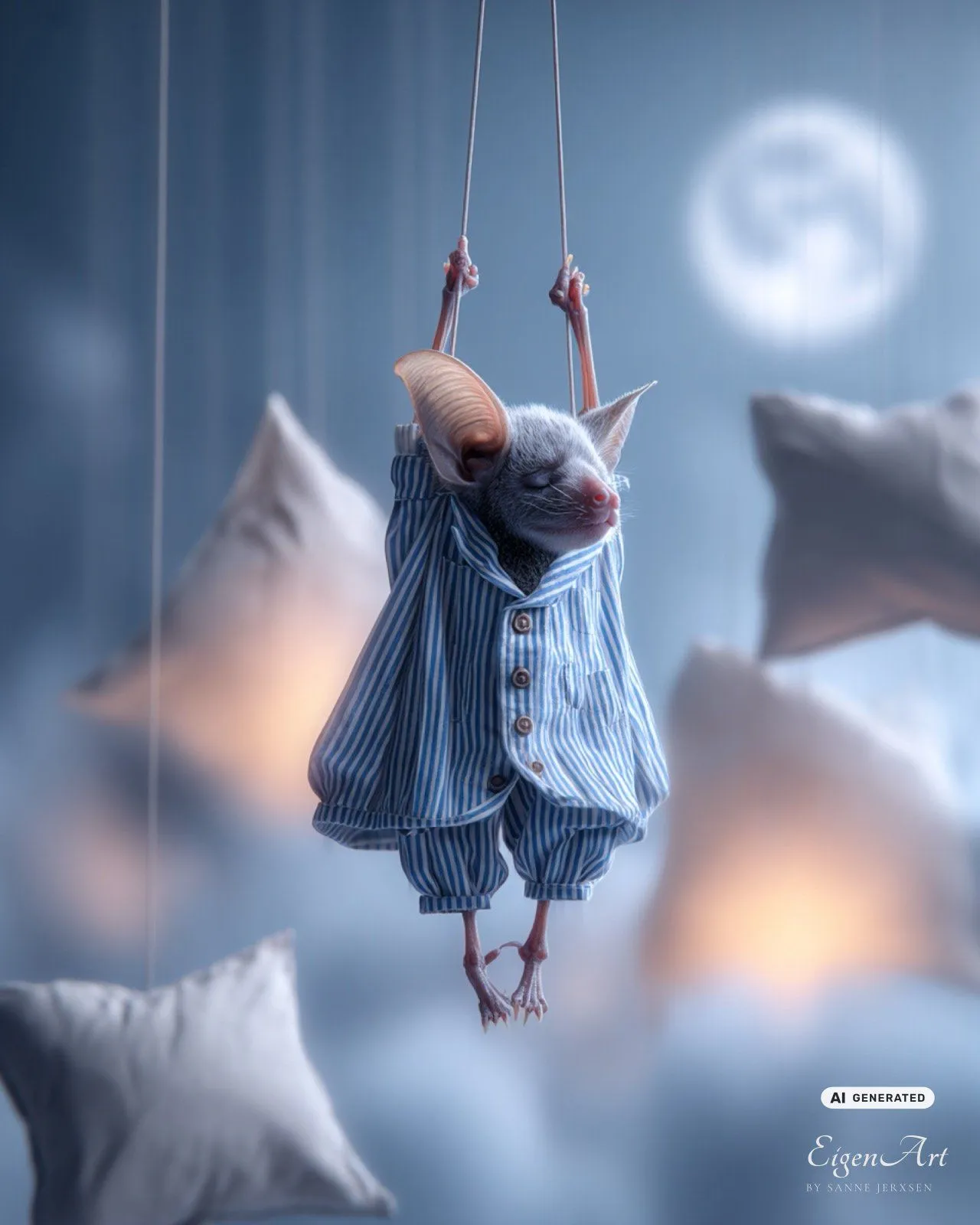 Sleep Tight — Fledermaus im gestreiften Pyjama zwischen Mond und Kissen