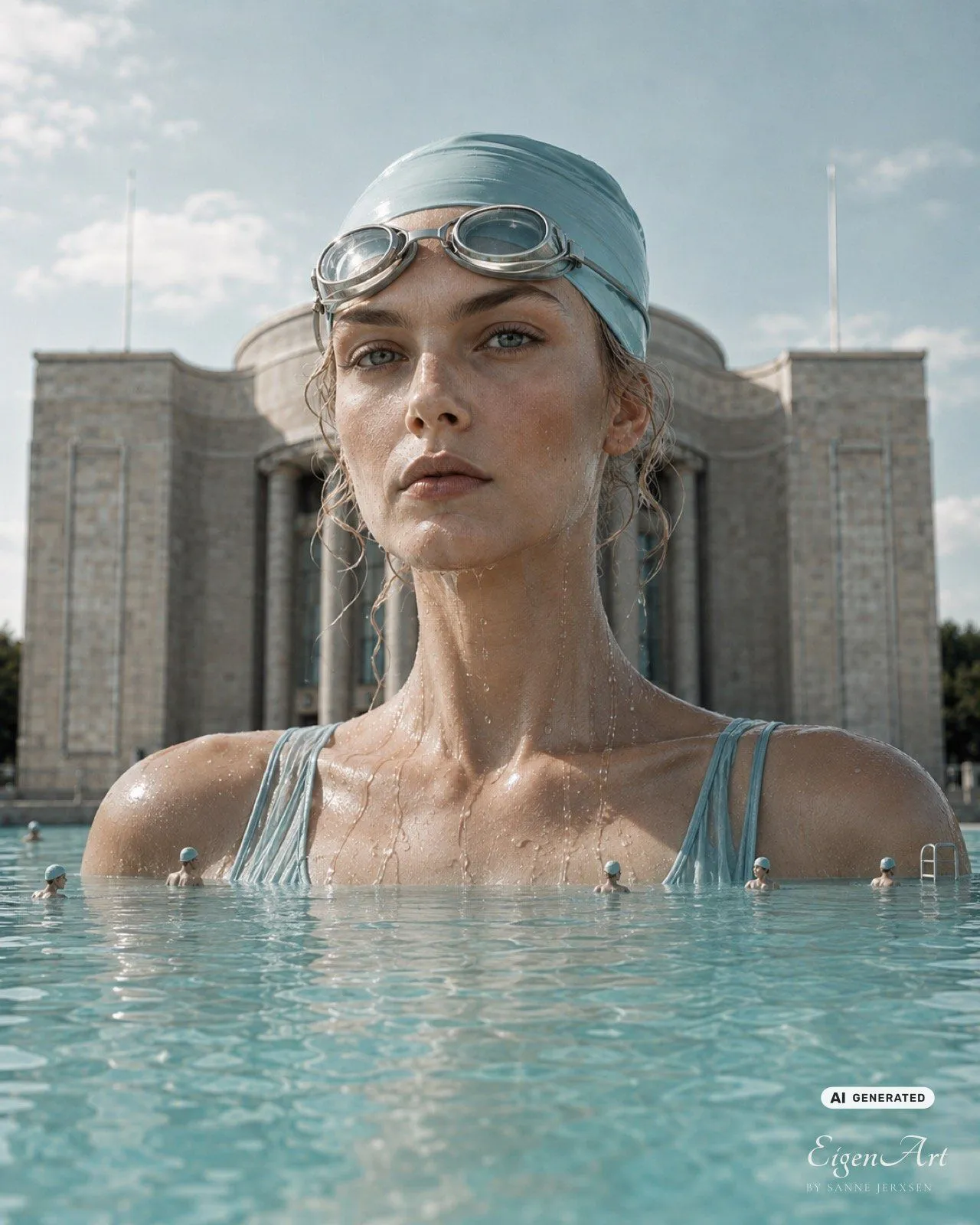 Riesige Schwimmerin taucht vor der Volksbühne aus einem Becken auf, um sie herum winzige Badegäste mit Badekappen