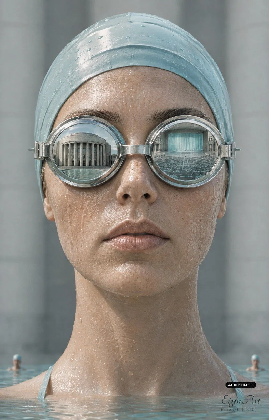 Die Stadt erfrischt sich — Nahaufnahme einer Schwimmerin mit Badekappe, in deren Brillengläsern sich links die Fassade der Volksbühne und rechts der Zuschauerraum spiegeln