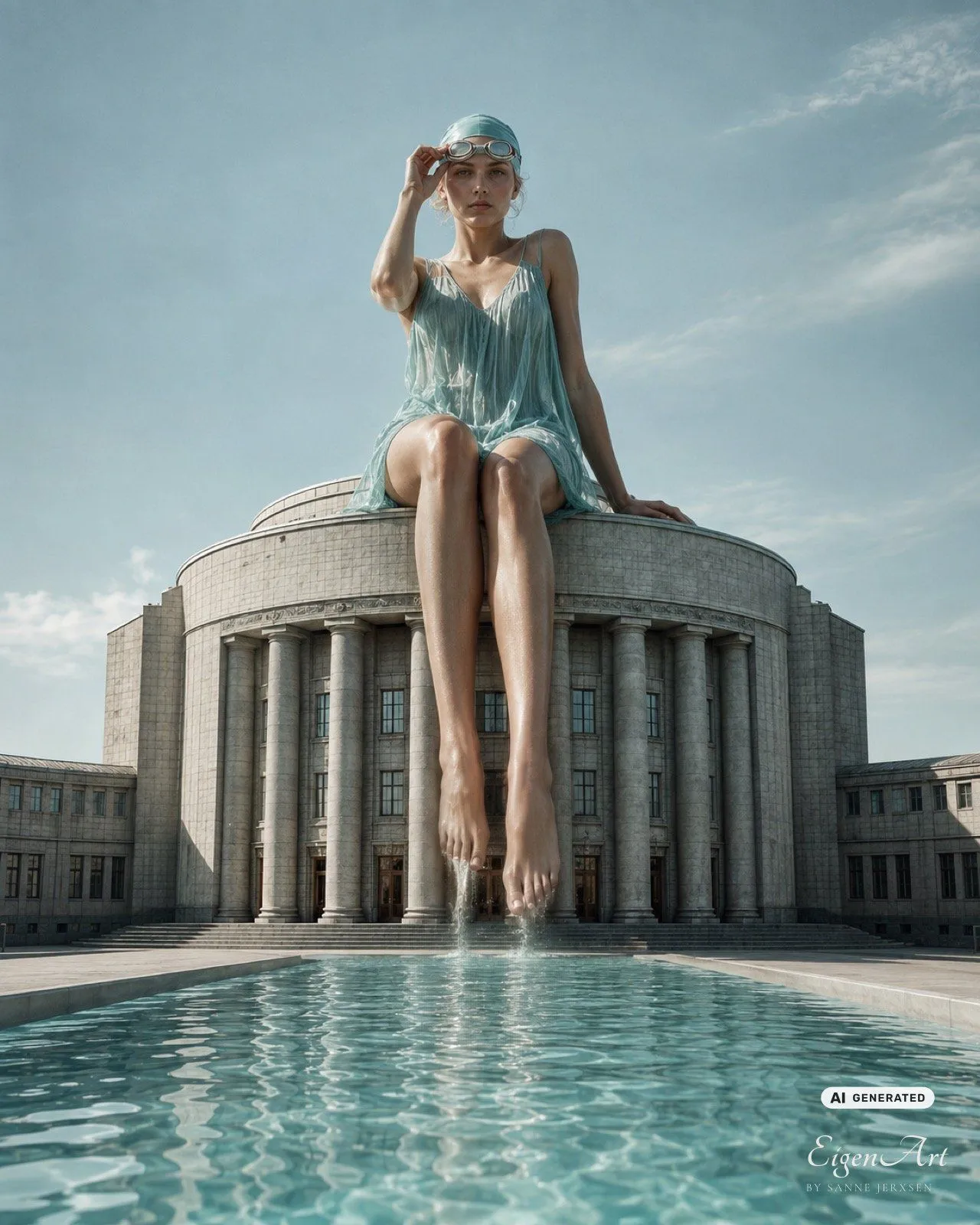 Überdimensionale Schwimmerin sitzt auf dem Dach der Berliner Volksbühne, die Füße über einem Schwimmbecken