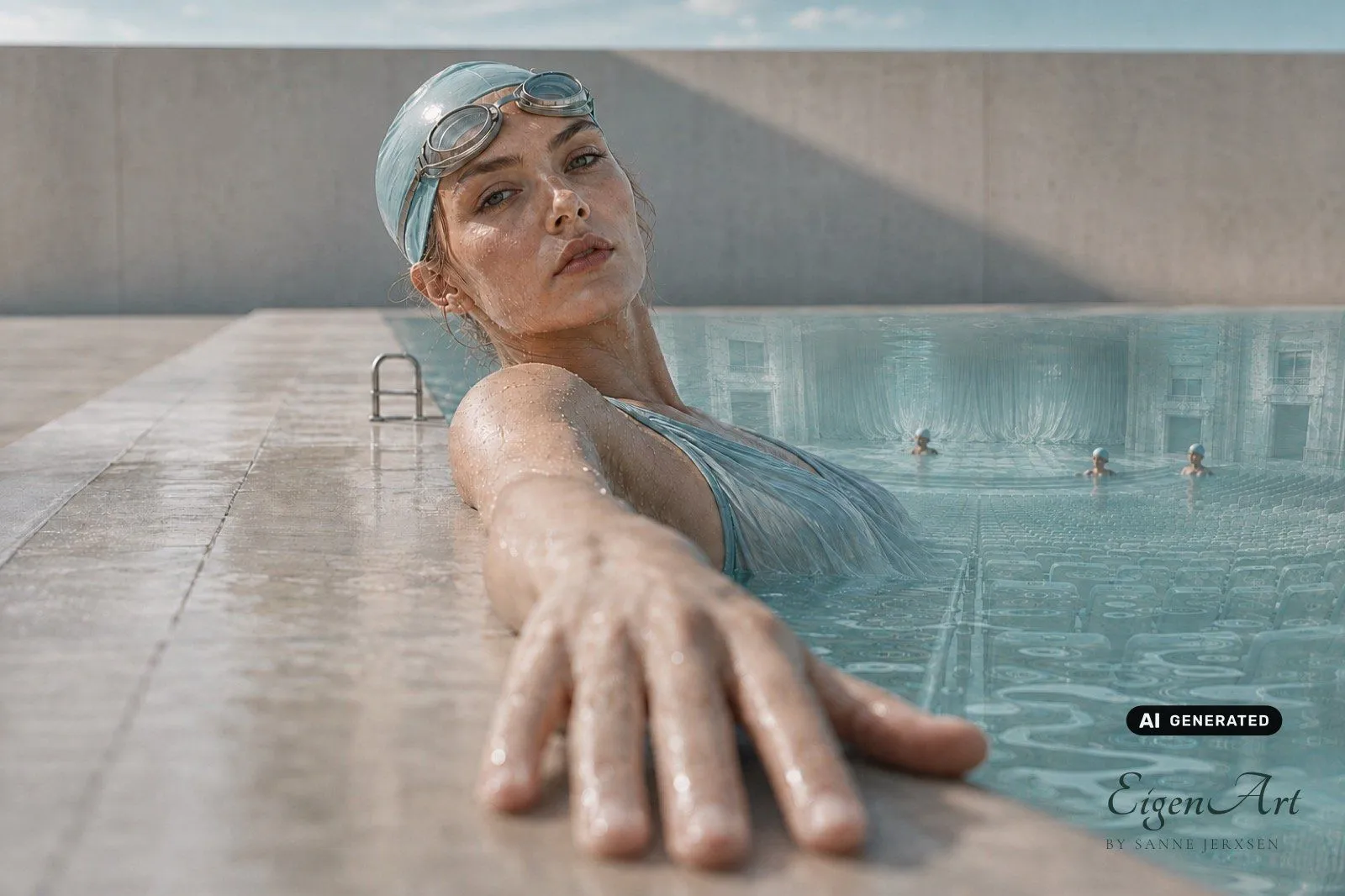 Schwimmerin stützt sich am Beckenrand ab, im Wasser hinter ihr zeichnen sich Sitzreihen und Bühne eines Theaters ab