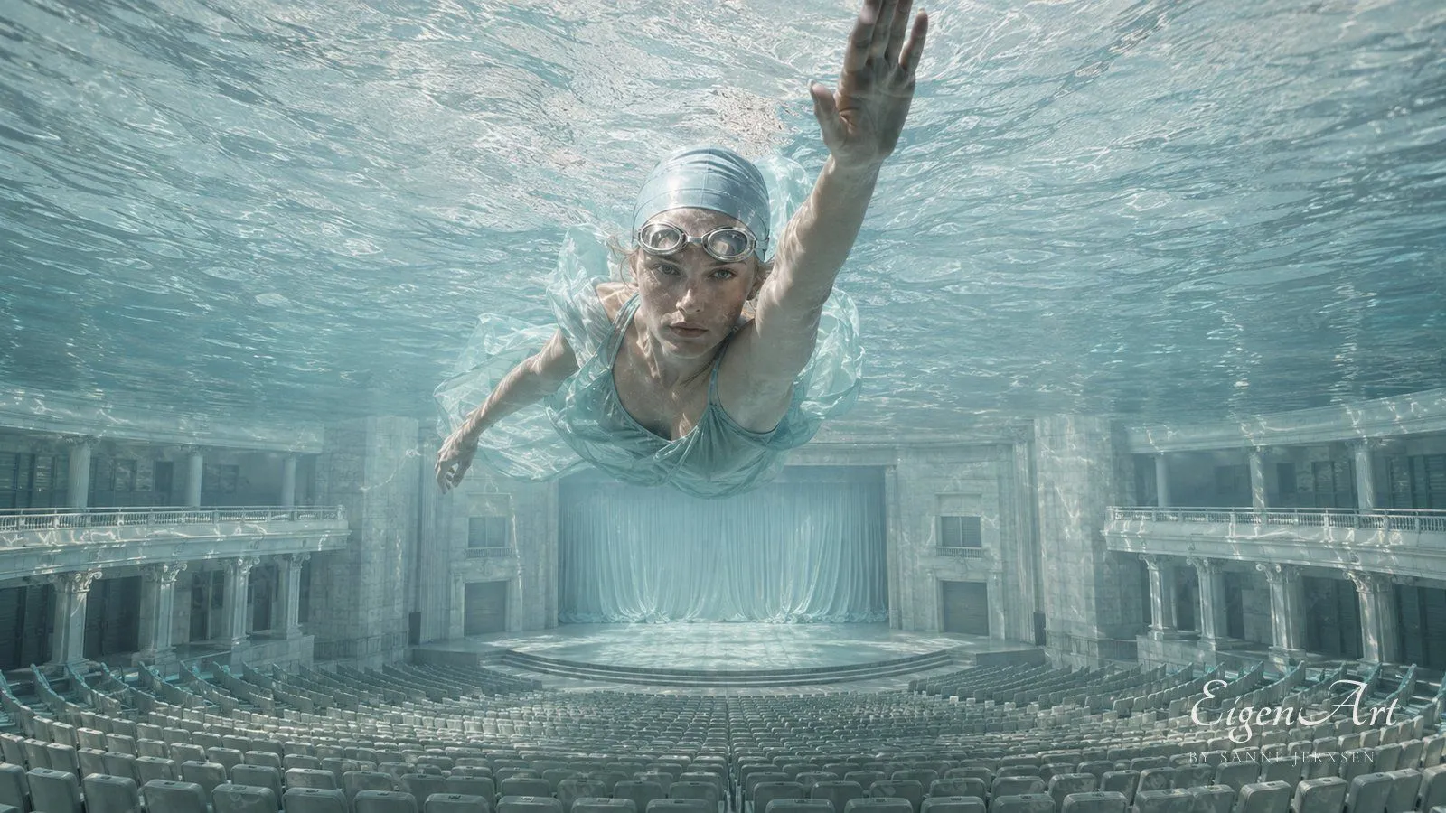 Schwimmerin gleitet unter Wasser über die leeren Sitzreihen eines gefluteten Theatersaals auf die Bühne zu