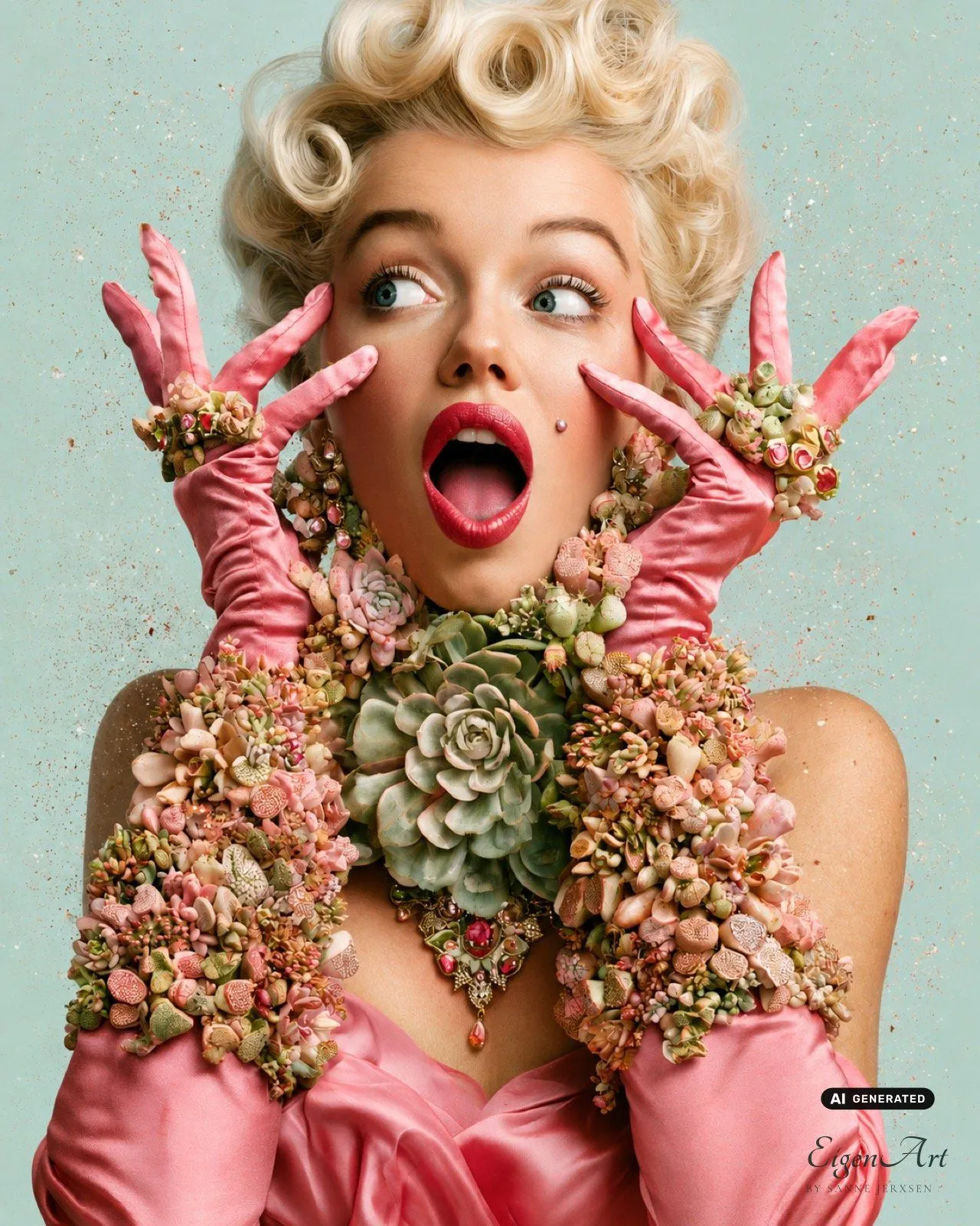 Succulents Are a Girl's Best Friend — blond frisierte Frau mit rotem Lippenstift und rosa Satinhandschuhen vor mintfarbenem Grund, die Hände staunend am Gesicht; Collier, Armbänder und Ringe bestehen aus Sukkulenten-Rosetten statt aus Edelsteinen