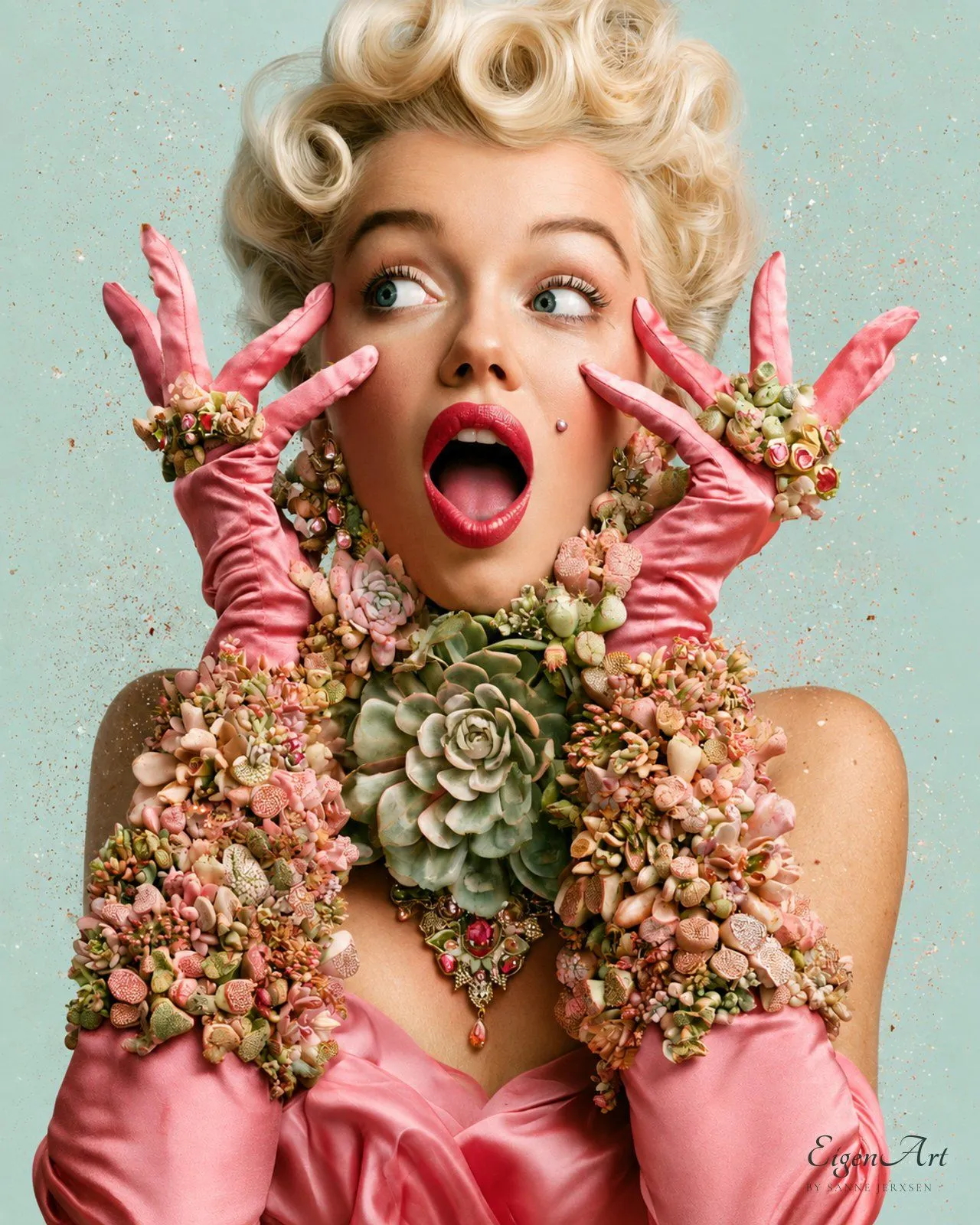 Succulents Are a Girl's Best Friend — blond frisierte Frau mit rotem Lippenstift und rosa Satinhandschuhen vor mintfarbenem Grund, die Hände staunend am Gesicht; Collier, Armbänder und Ringe bestehen aus Sukkulenten-Rosetten statt aus Edelsteinen