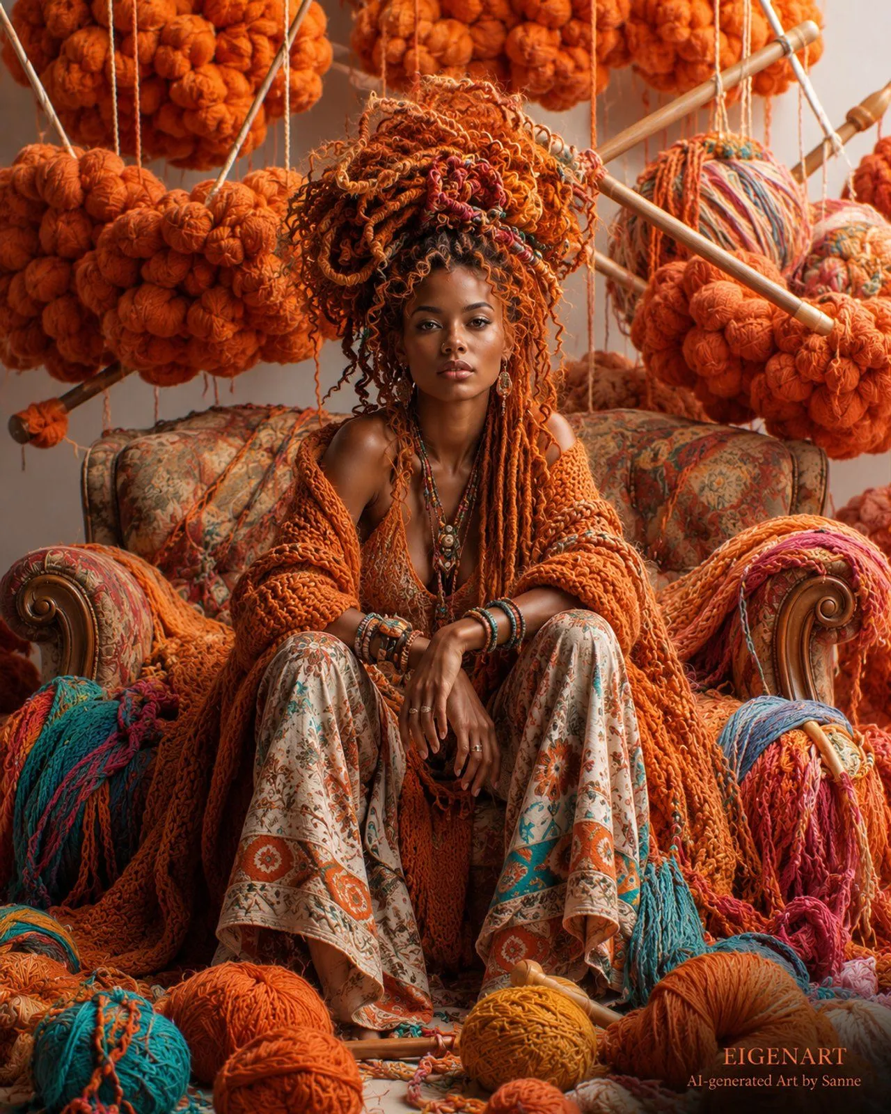 Frau in orangefarbener Strickwelt mit bunten Wollknäueln