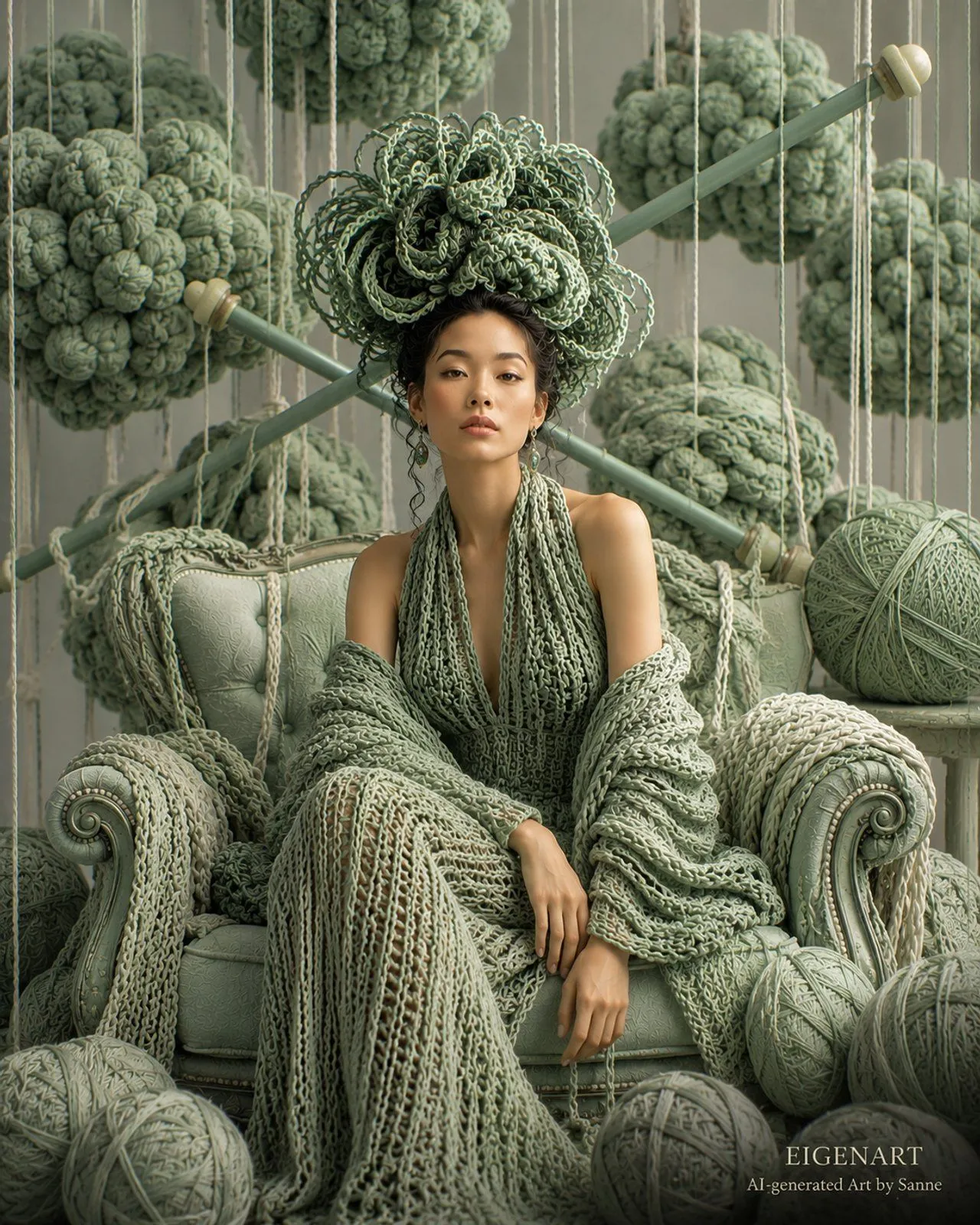 Threads of Identity in Salbeigrün — Figur wächst aus gestrickter Sage-Welt hervor
