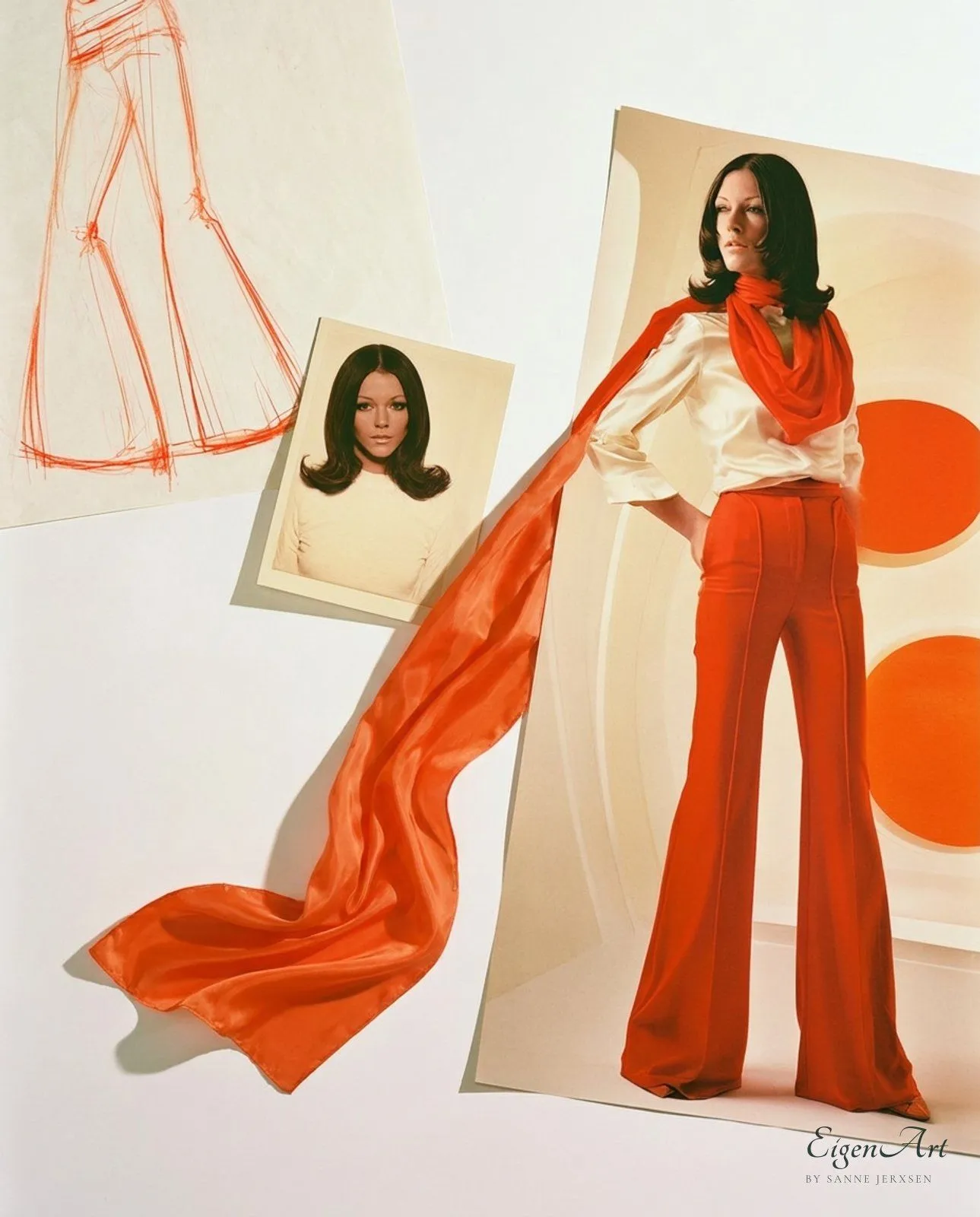 Time, Dressed — Moodboard mit Bleistiftskizze, Polaroid und Kampagnenabzug: ein Model in orangefarbener Schlaghose und cremefarbener Satinbluse, ihr orangefarbener Seidenschal weht aus dem Abzug heraus und liegt auf dem Tisch