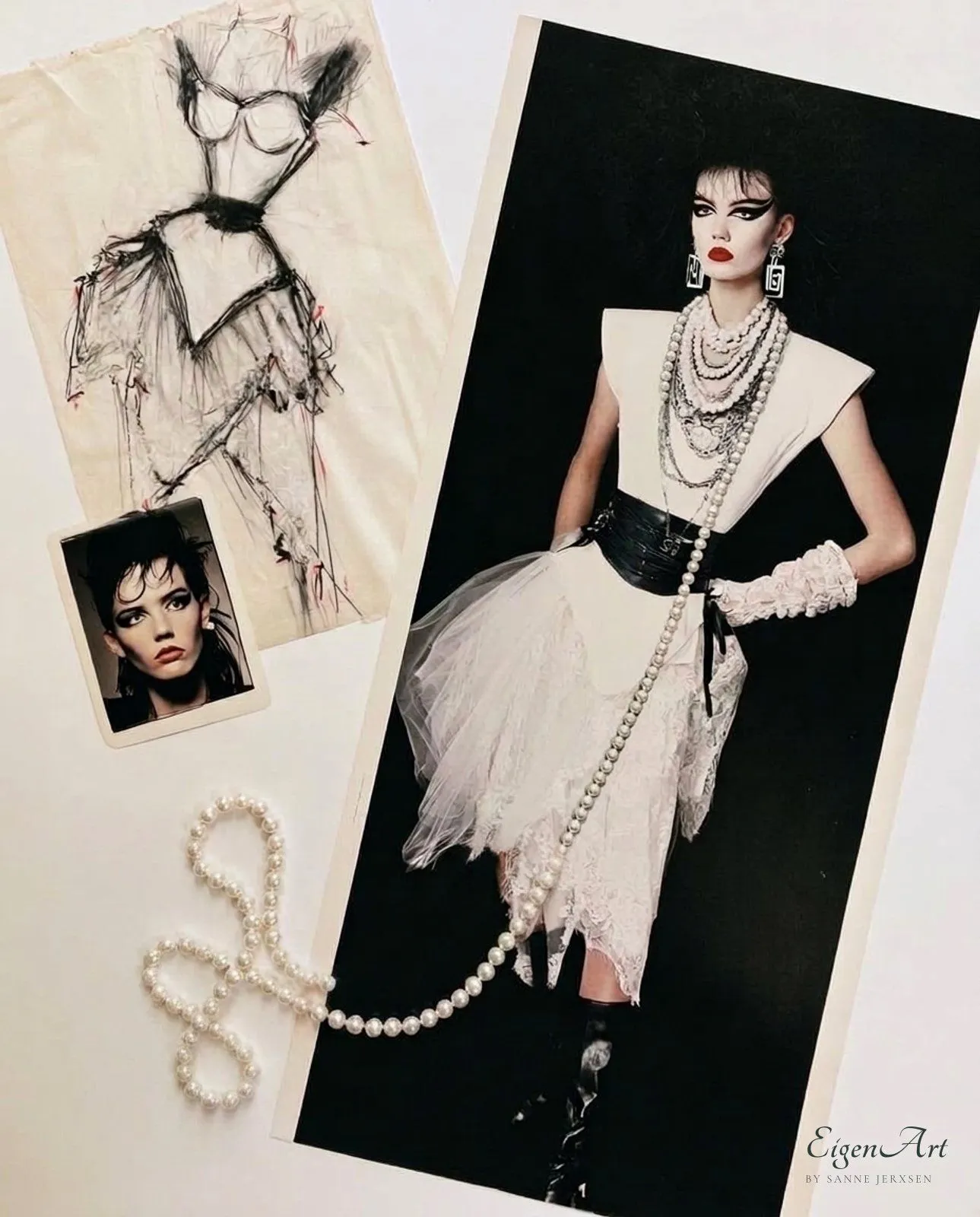 Moodboard mit schwarzer Kohleskizze, Polaroid eines Models mit dramatischem Augen-Make-up und Kampagnenabzug einer Frau in weißem Kleid mit Schulterpolstern, Tüllrock, schwarzem Taillengürtel und Perlenketten, eine Perlenkette liegt in Schlaufen außerhalb des Fotos