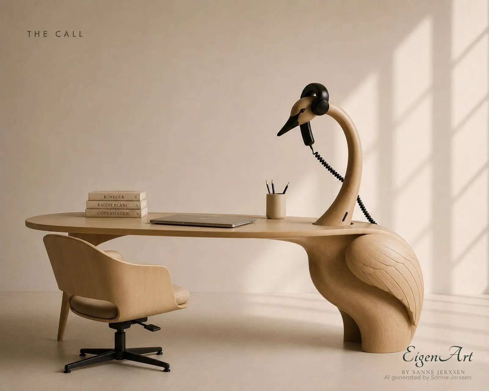 Workplace Stories — Schreibtisch in Schwanenform mit Kopfhörer-Telefonhörer als Schnabel, Signature-Motiv der Serie