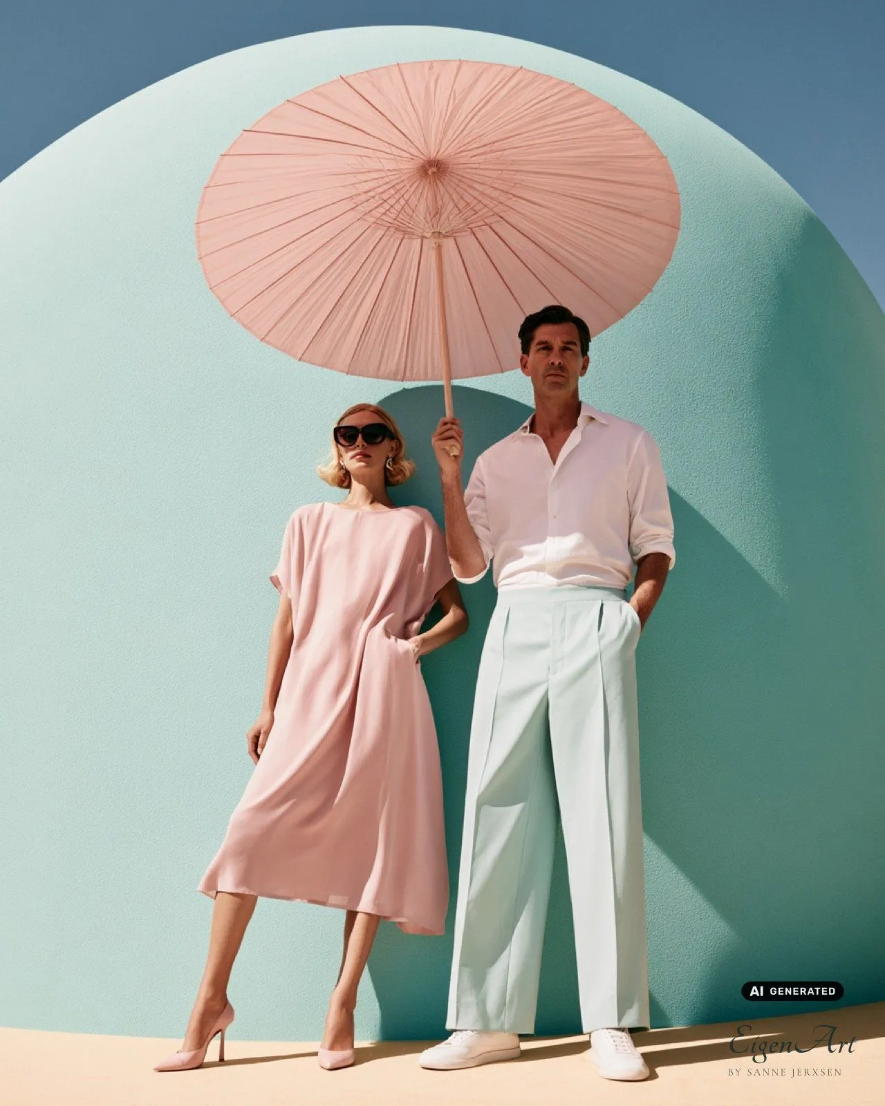 Yours. Mine. Ours. — Paar vor einer türkisen Rundung: er im weißen Hemd mit mintfarbener Hose hält einen rosa Papierschirm über sie, die im rosé Kleid daneben steht