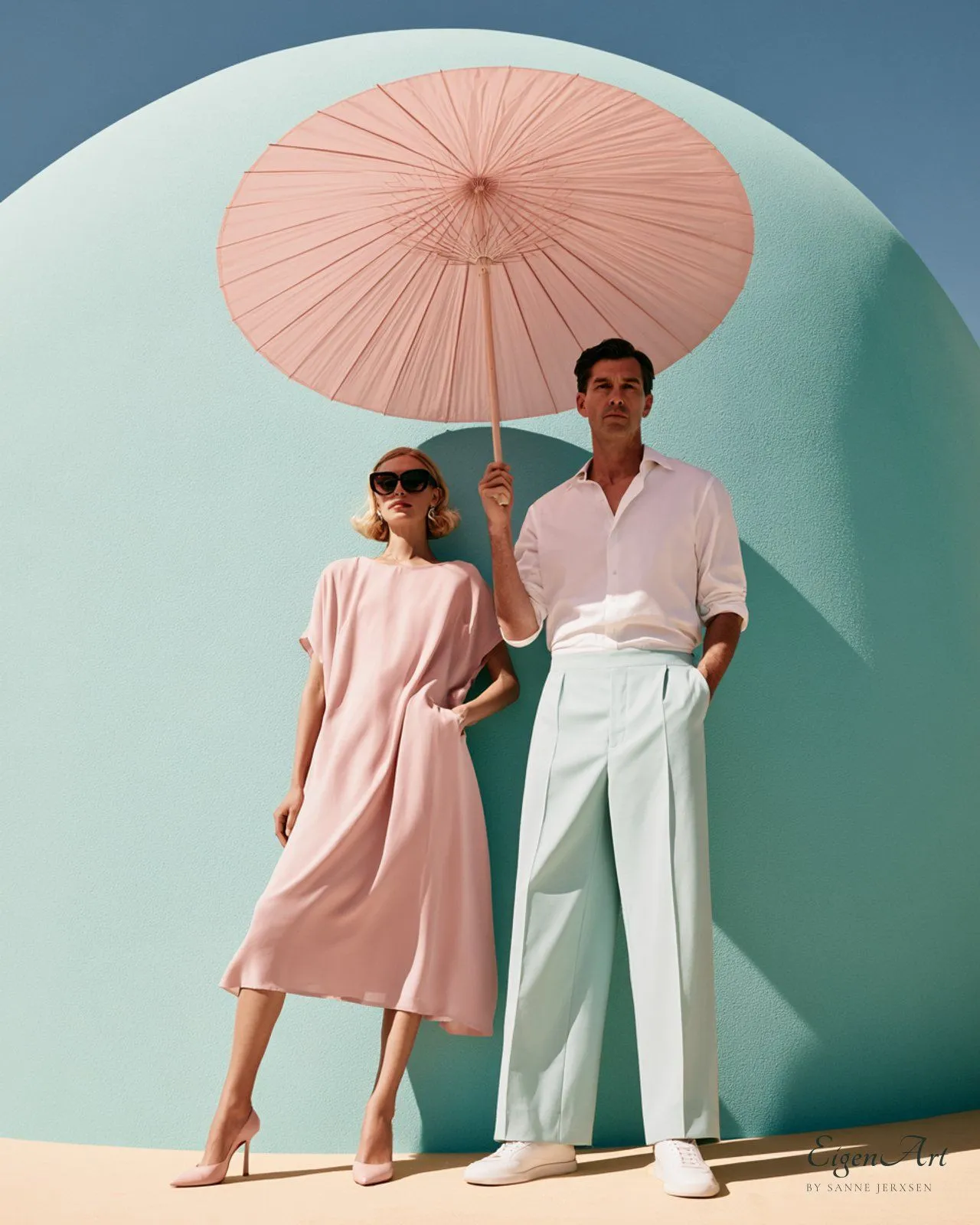 Yours. Mine. Ours. — Paar vor einer türkisen Rundung: er im weißen Hemd mit mintfarbener Hose hält einen rosa Papierschirm über sie, die im rosé Kleid daneben steht